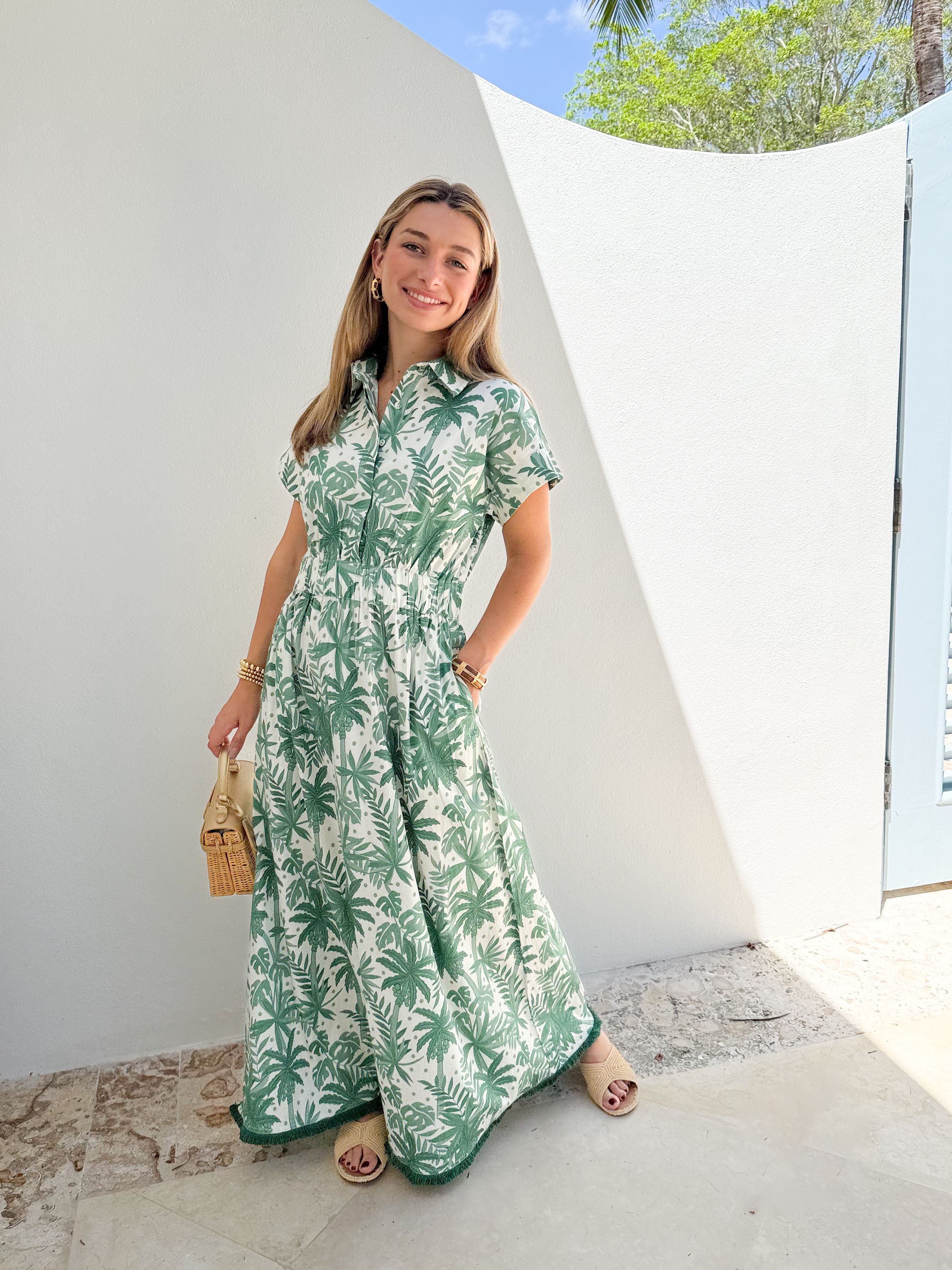 BEAU & RO Lisa Maxi Dress Beige Palm Leaf