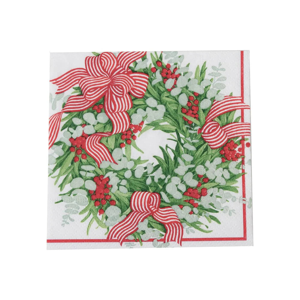 Ribbon Stripe Wreath Cocktail Napkins -Set/20