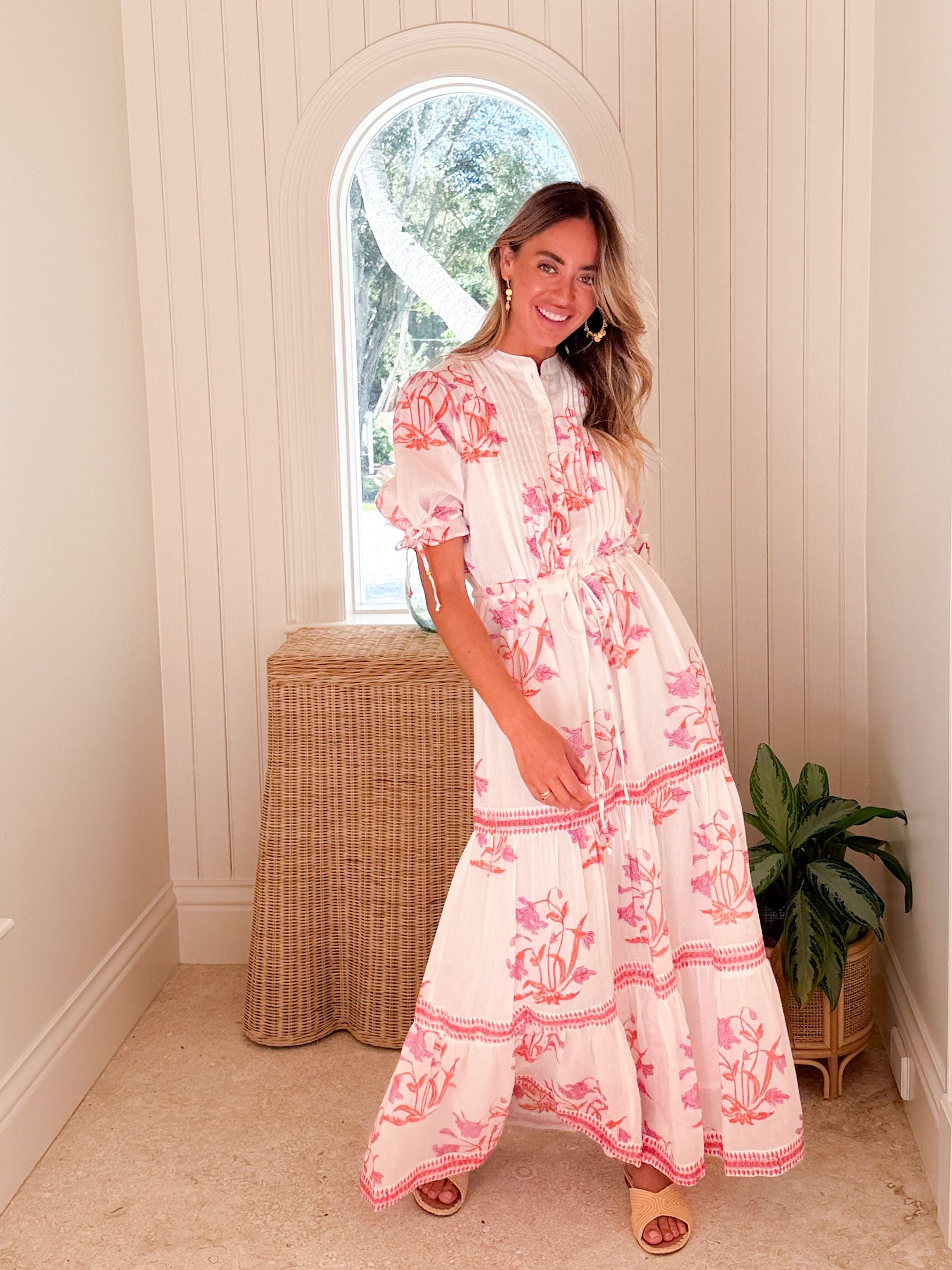 FINAL SALE OLIPHANT Cinched Pintuck Maxi Dress Ostuni Coral