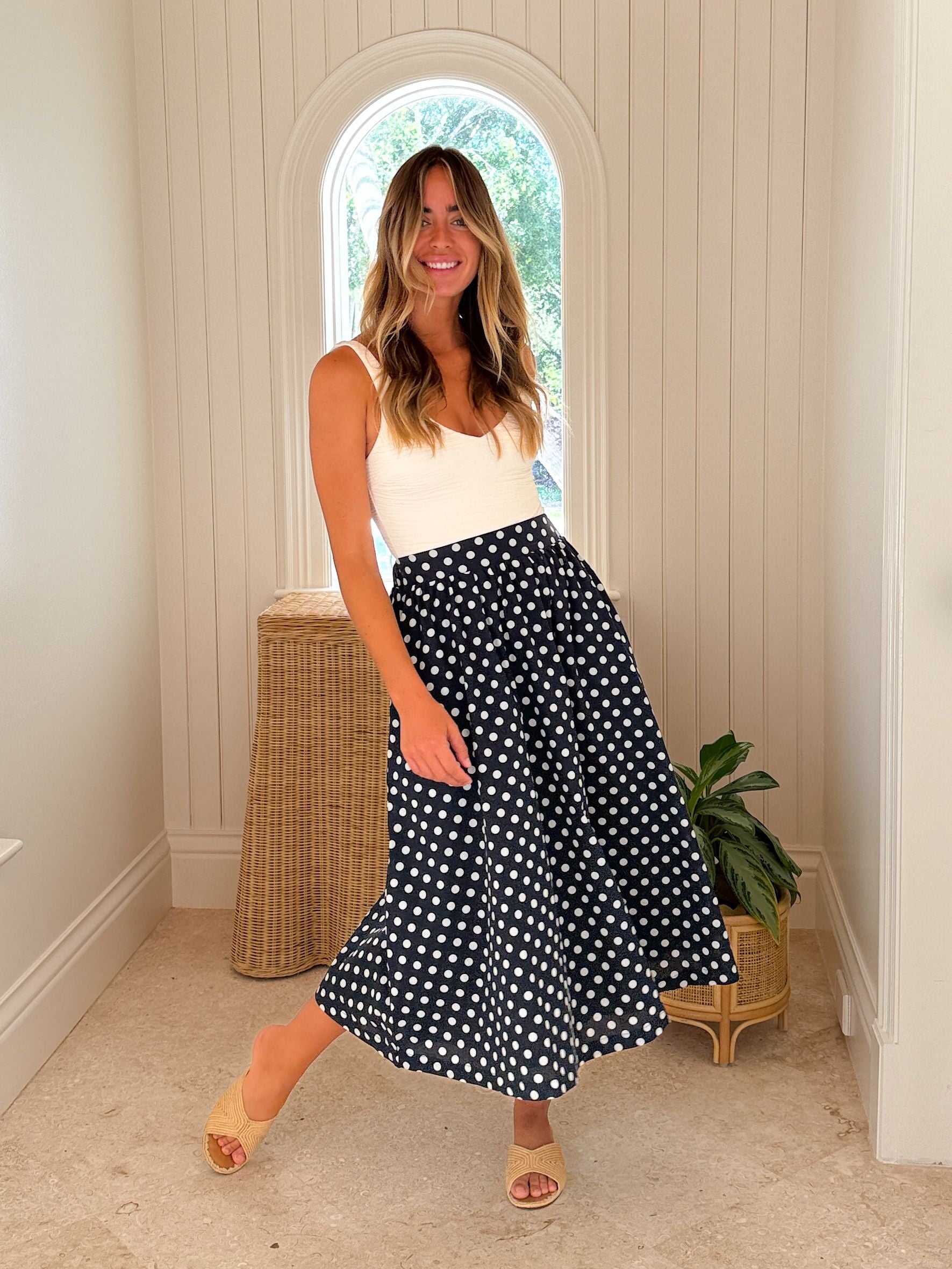 PROSPERINA Erica Midi Skirt Navy Polka Dot