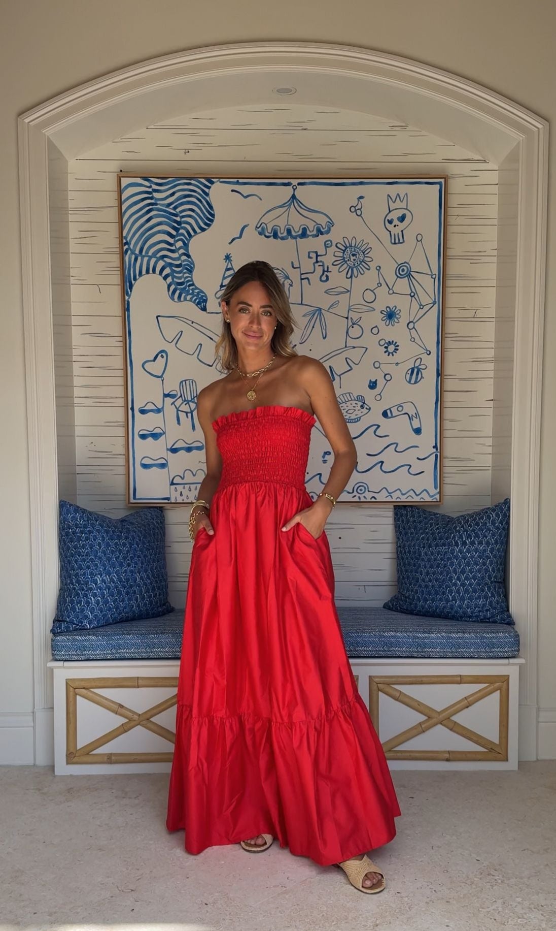 KASIA Cosmos Strapless Smocked Maxi Dress Red