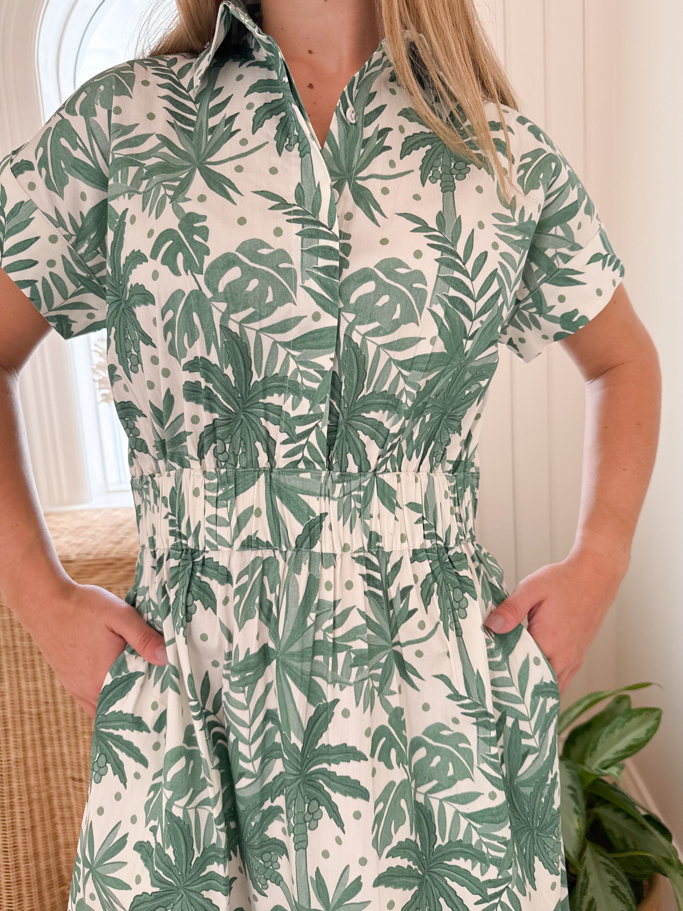 BEAU & RO Lisa Maxi Dress Beige Palm Leaf