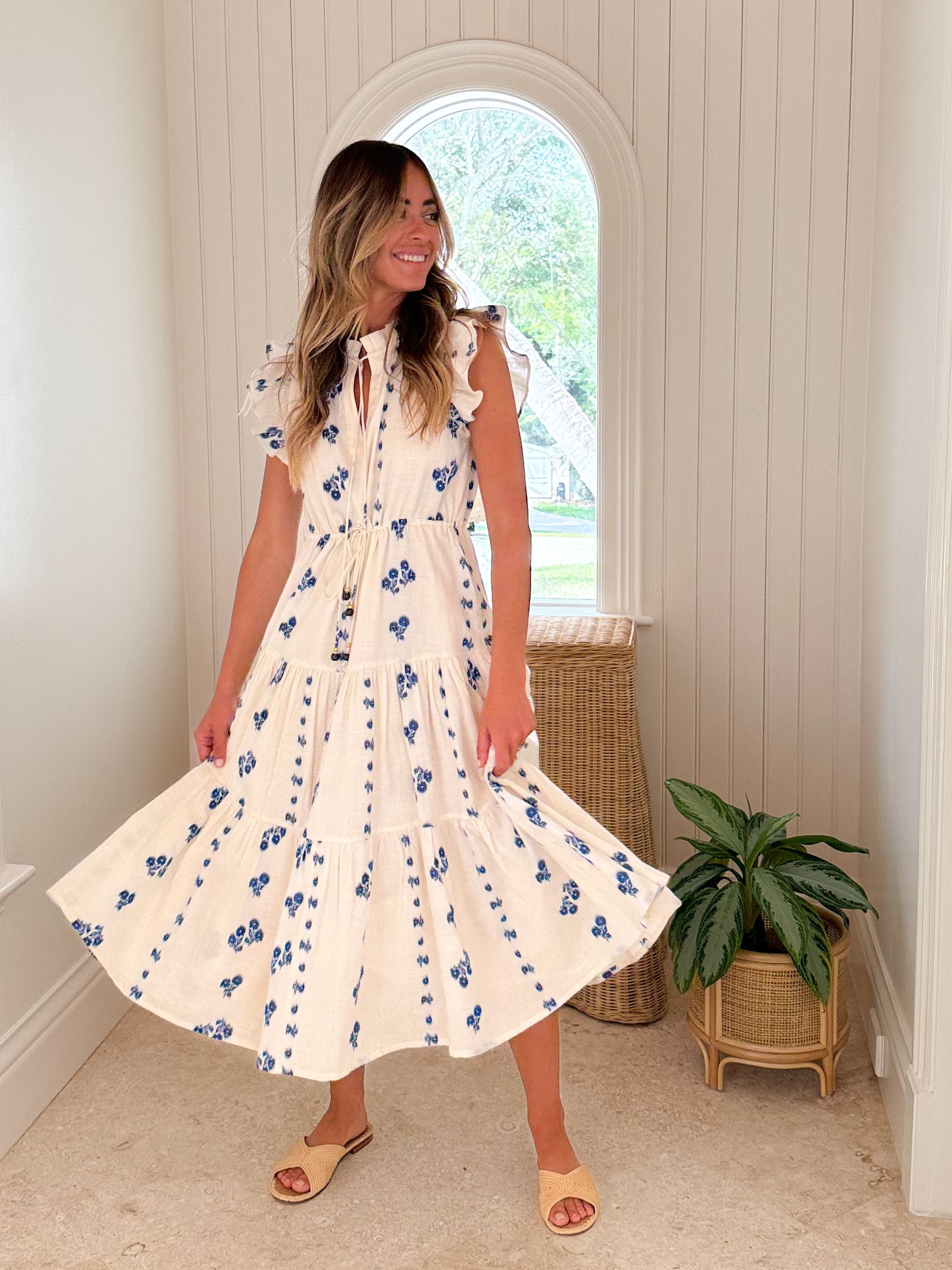 OLIPHANT Cinched Flirty Midi Dress Wicklow Blue