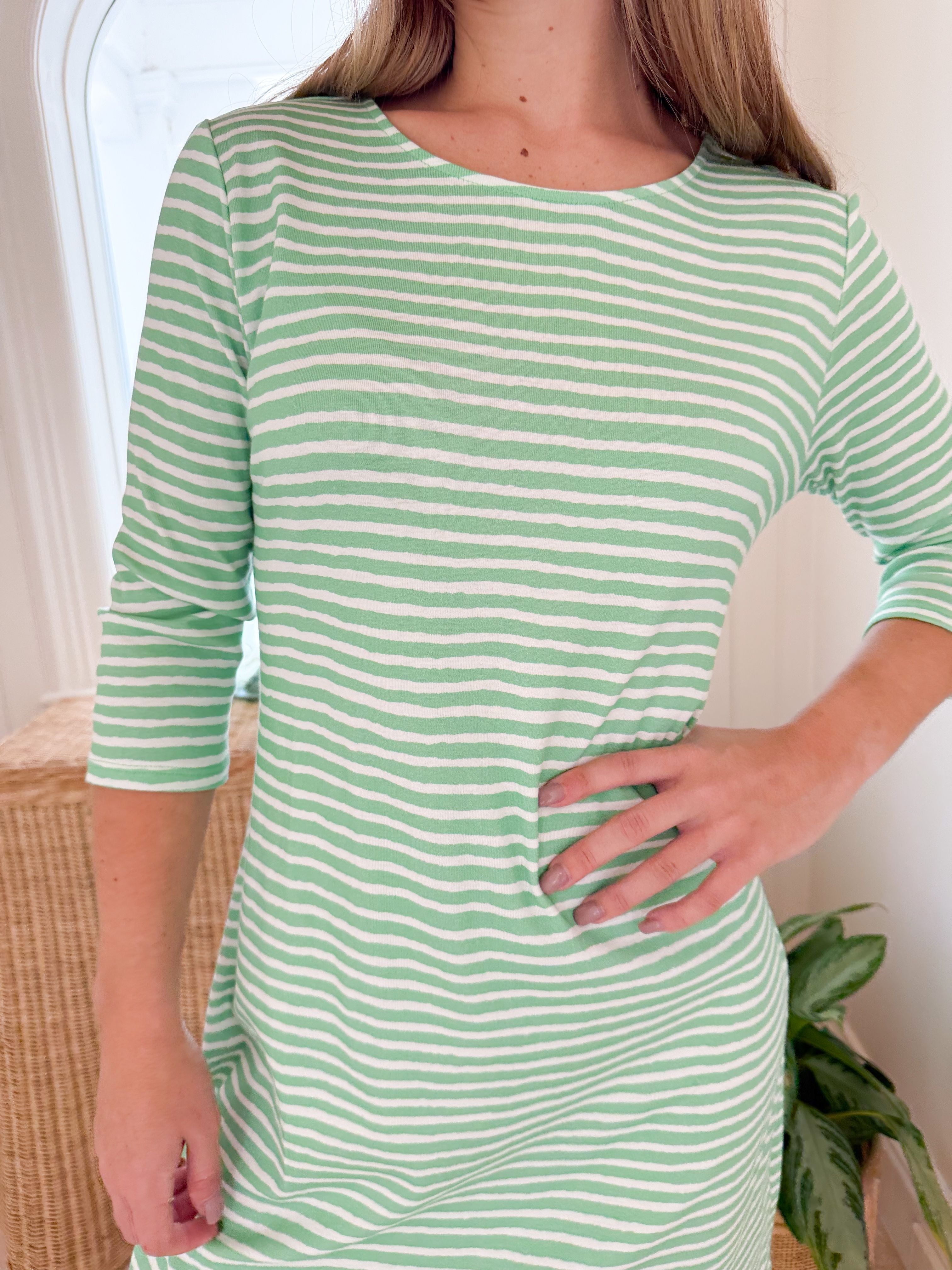 HIHO 3/4 Sleeve Dress Chalk Stripe/Zephyr Green