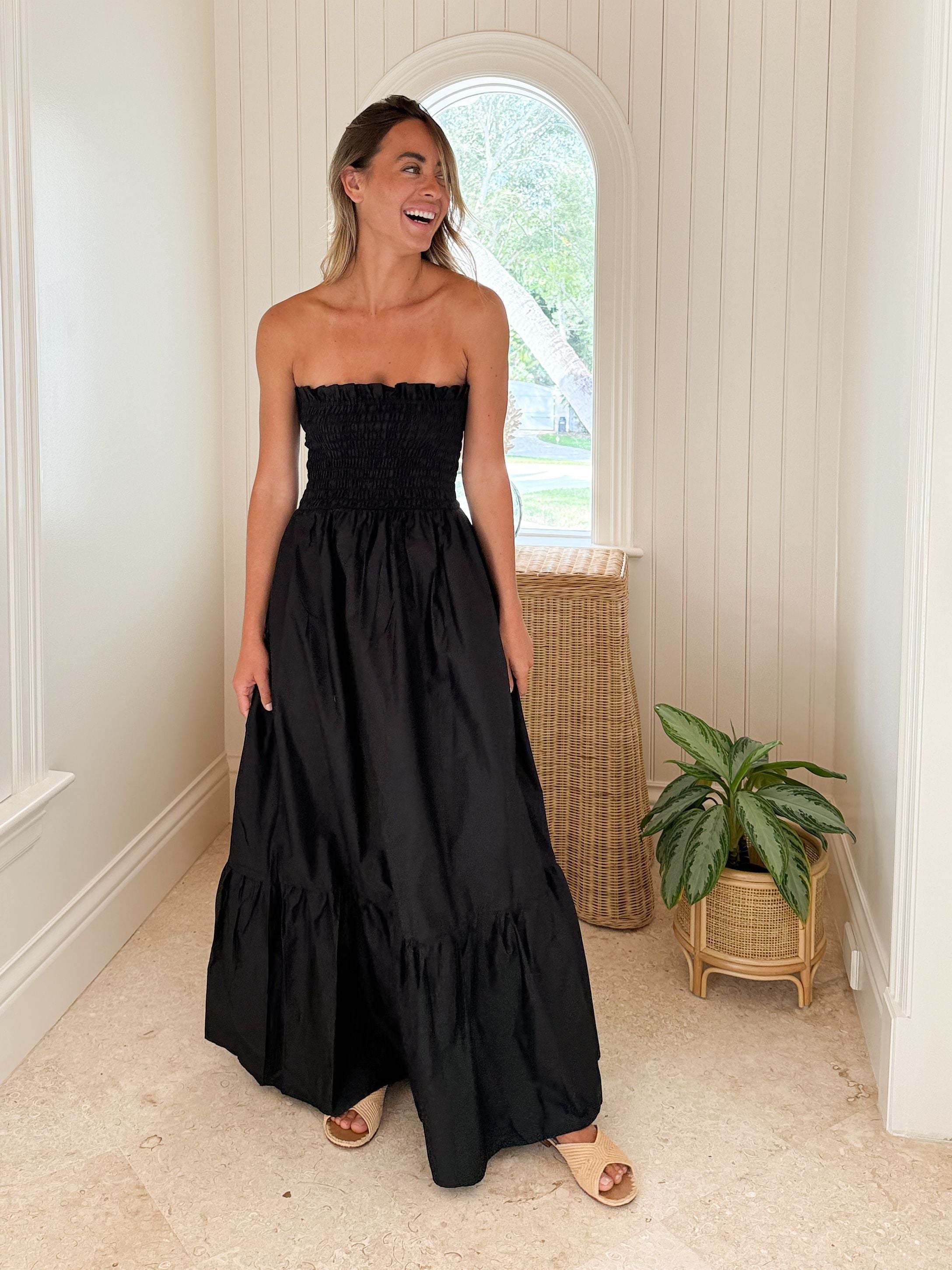 KASIA Cosmos Strapless Smocked Maxi Dress Black