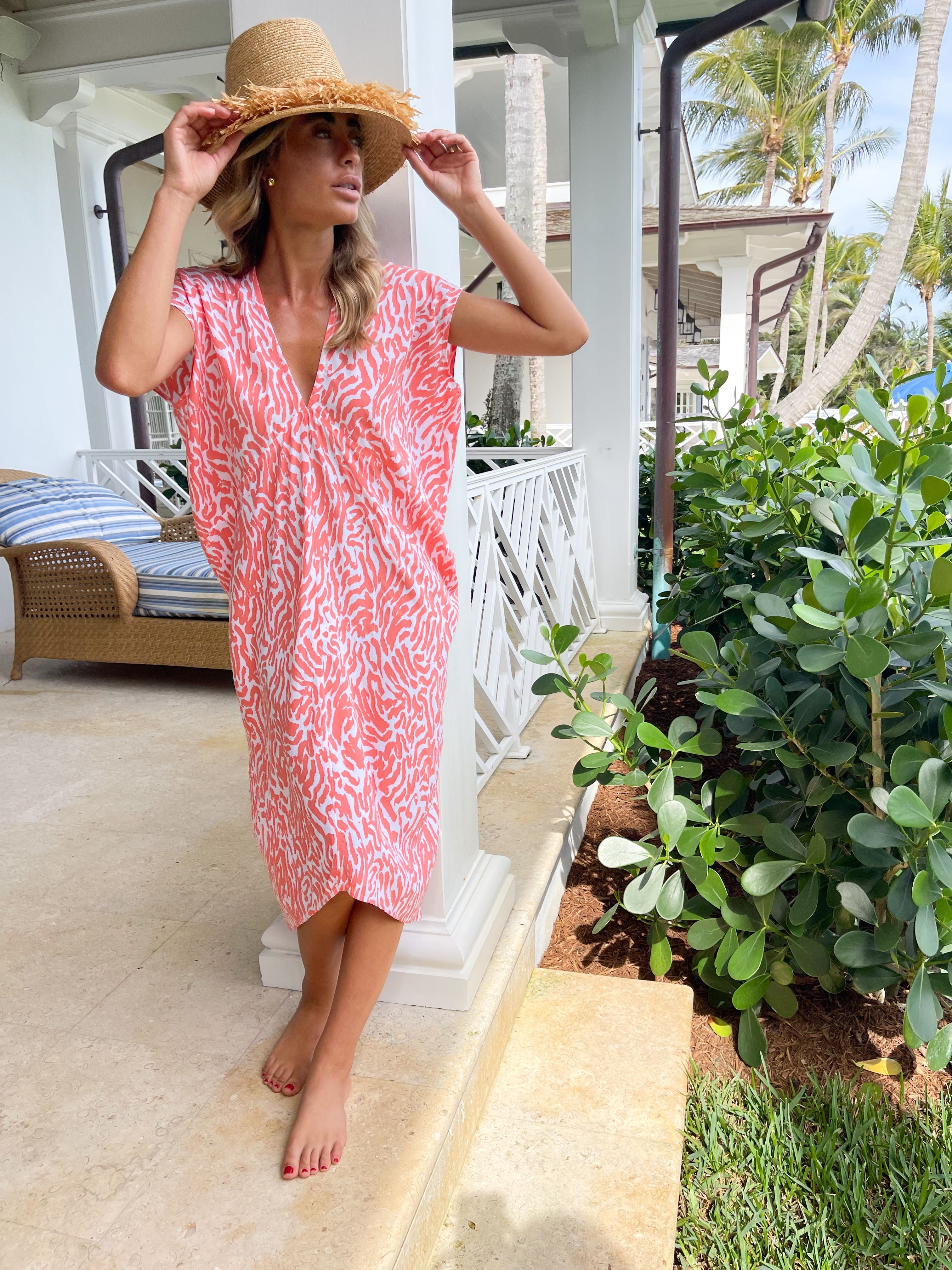 FINAL SALE WALKER & WADE Santorini Kaftan Coral Zebra