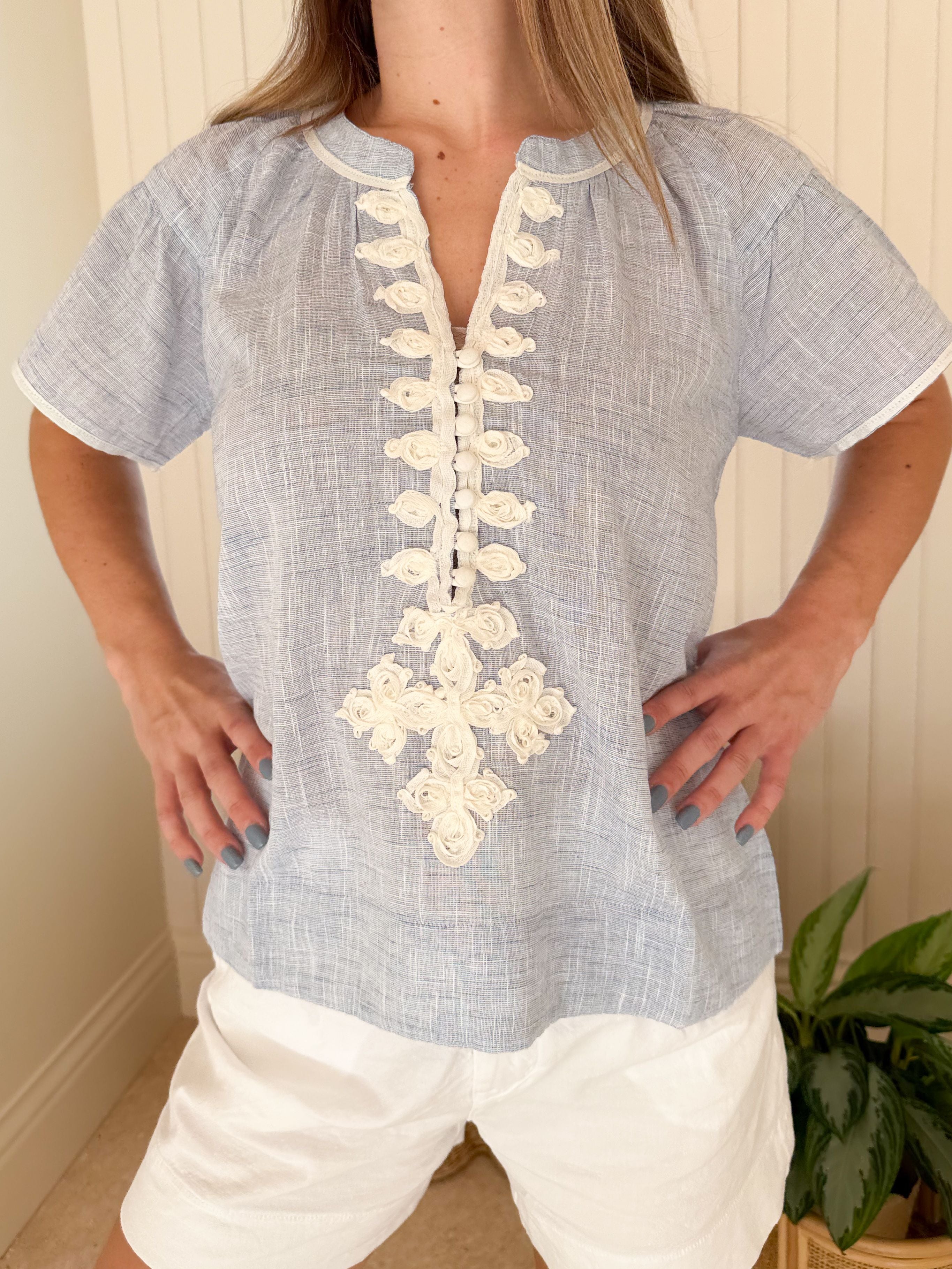 ROSE AND ROSE Upminster Top Blue w/ White
