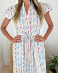 BEAU & RO Flutter Midi Dress Ikat Stripe Ivory