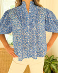 OLIPHANT Ruffle Front Button Blouse Ditsy Blue