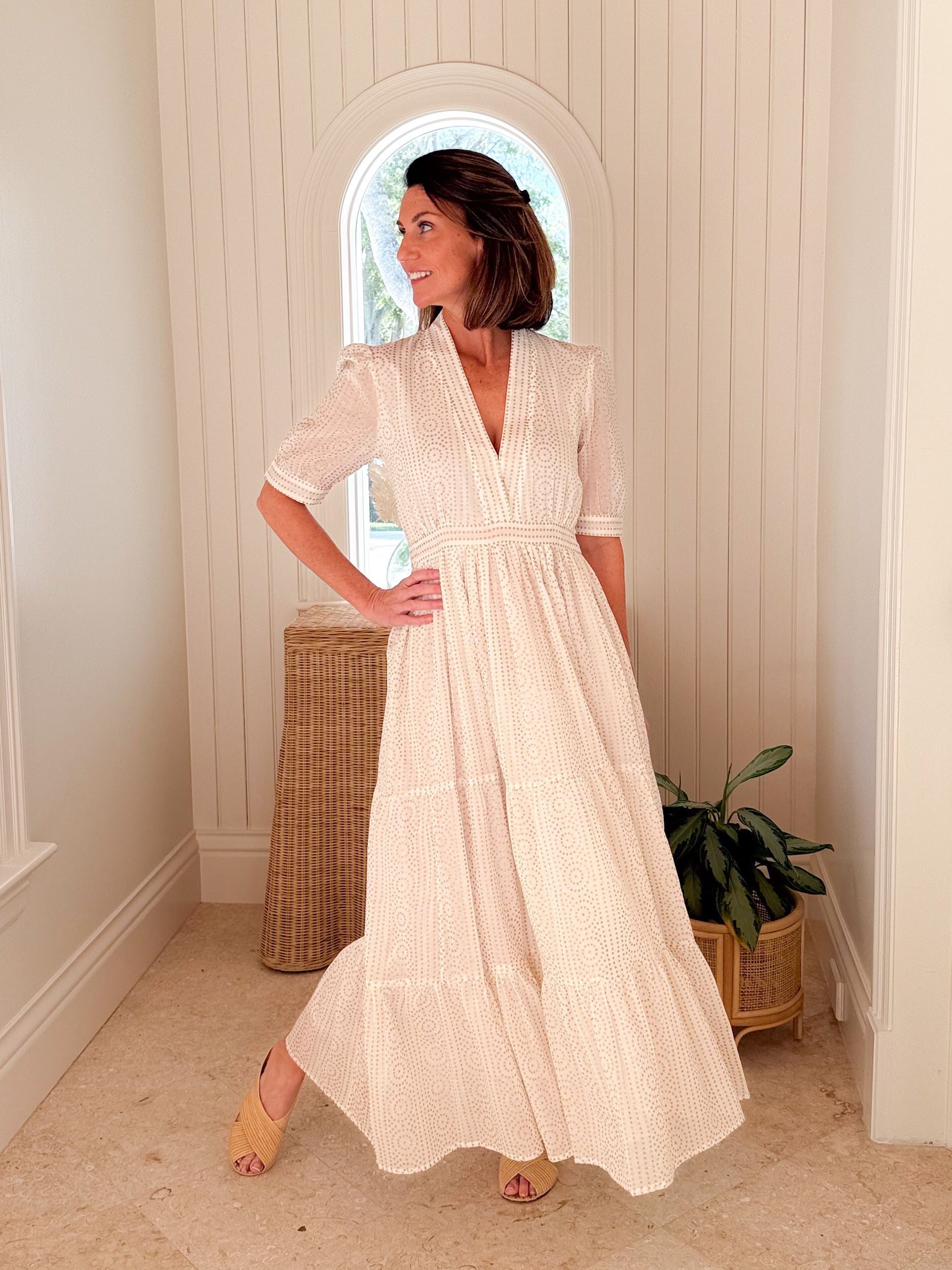 OLIPHANT V-Neck Cuffed Maxi Dress Helene Cream Gold
