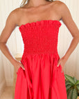 KASIA Cosmos Strapless Smocked Maxi Dress Red