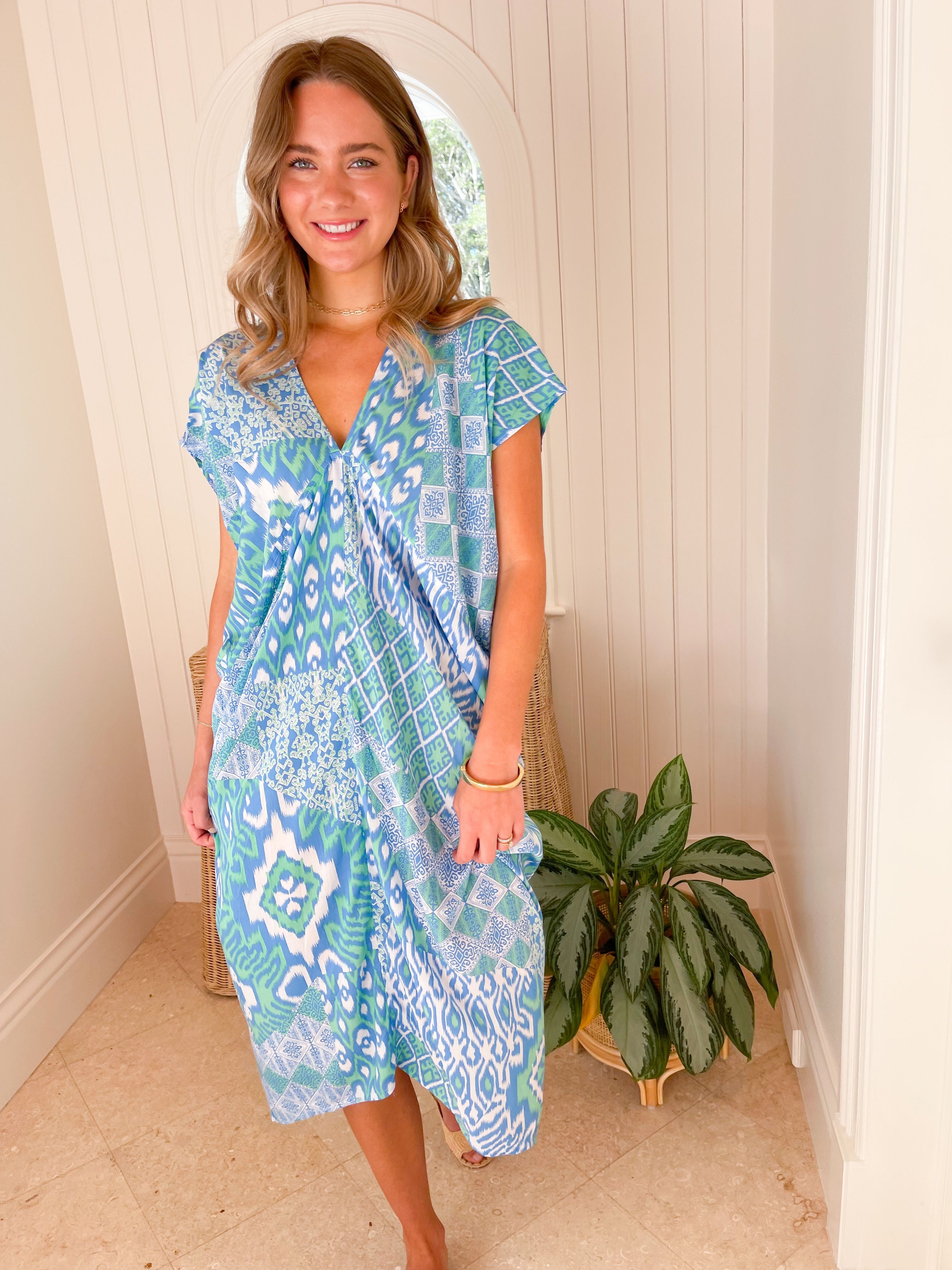 FINAL SALE WALKER & WADE Santorini Kaftan Seafoam Ikat
