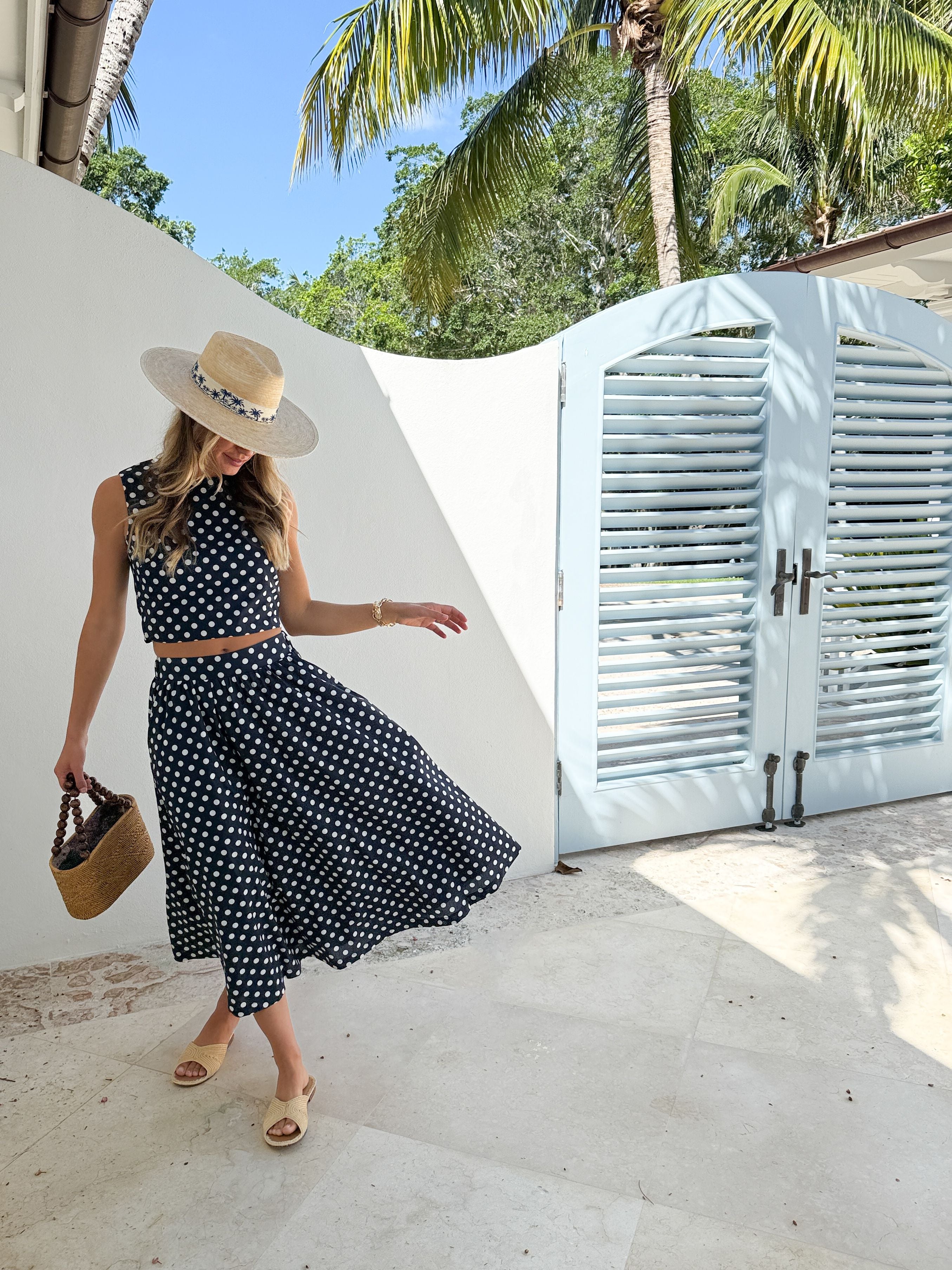 PROSPERINA Erica Midi Skirt Navy Polka Dot