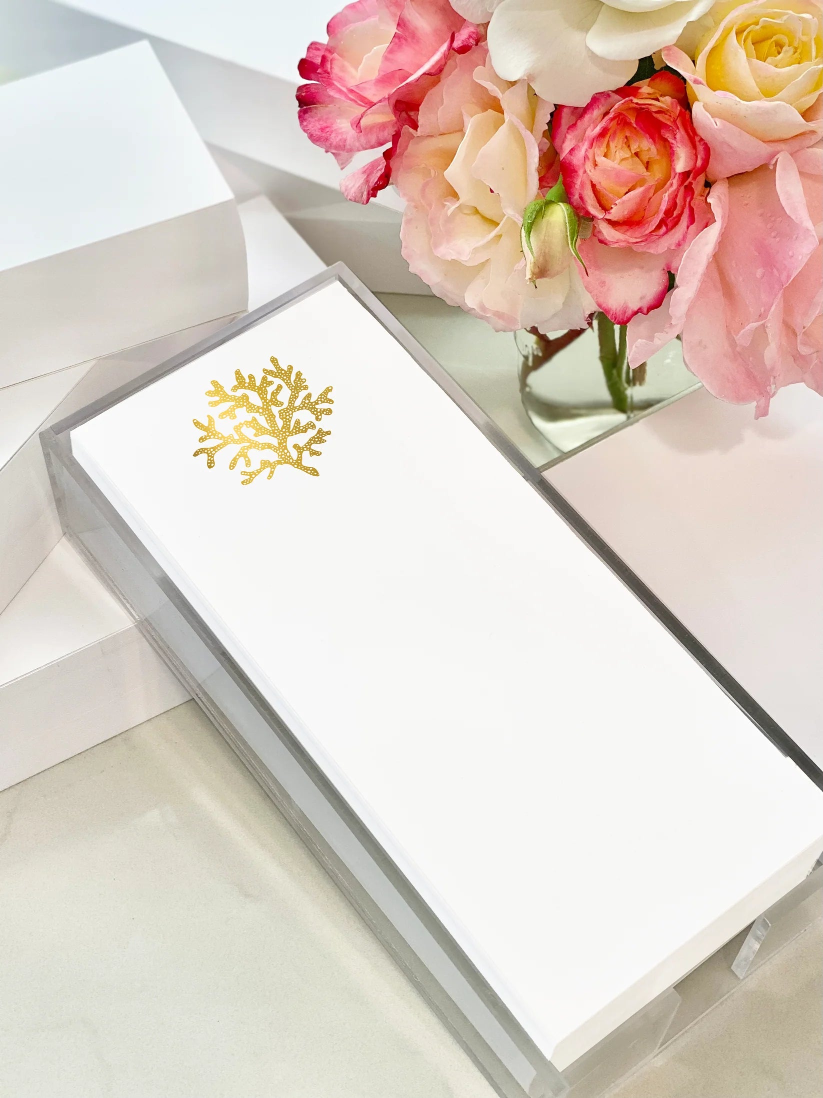 White Lacquer Tray with White/Gold Foil Notepad