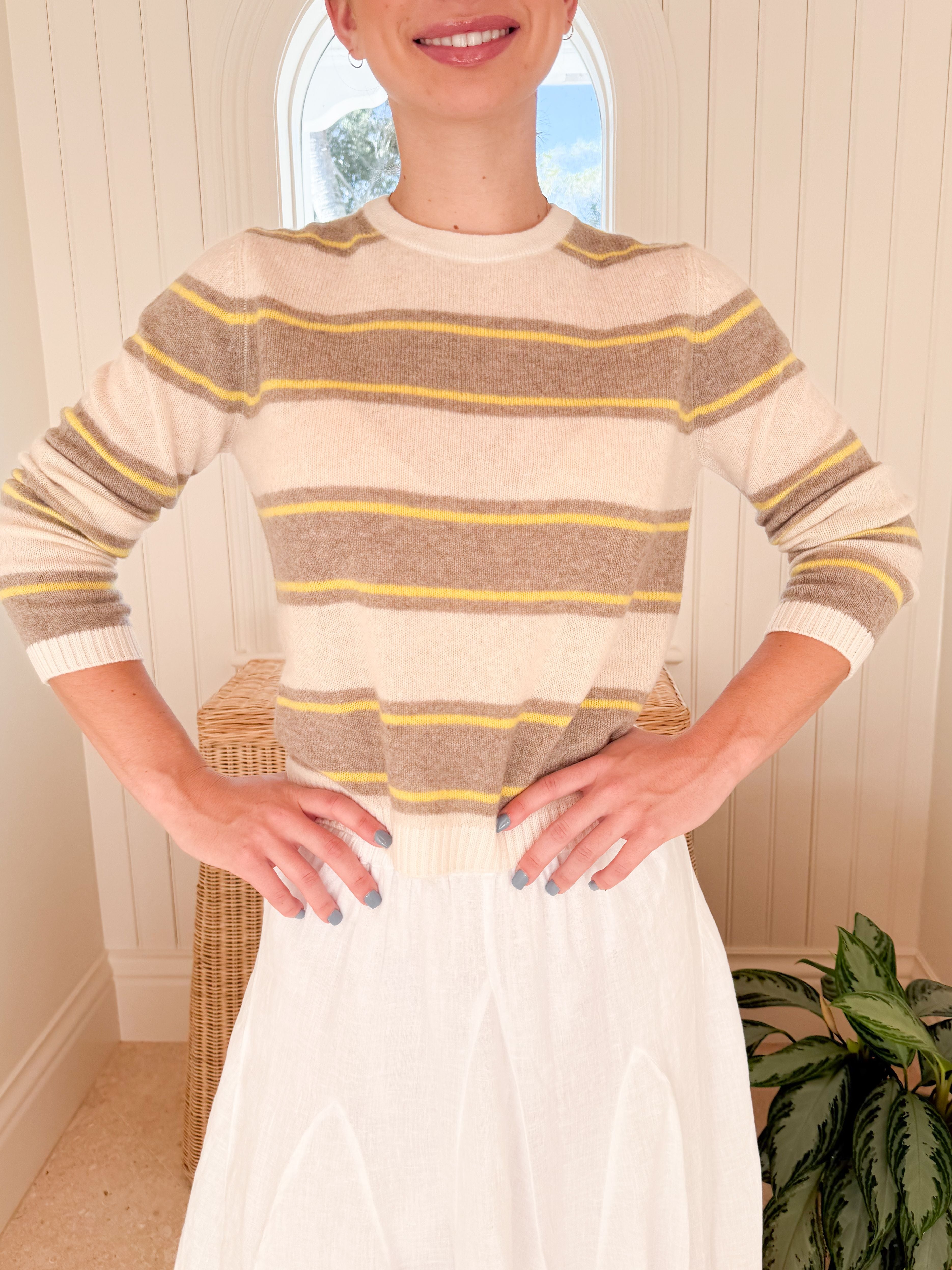 JUMPER 1234 Deckchair Stripe Crew Lily, Organic Light Brown, Light Yellow & Oatmeal