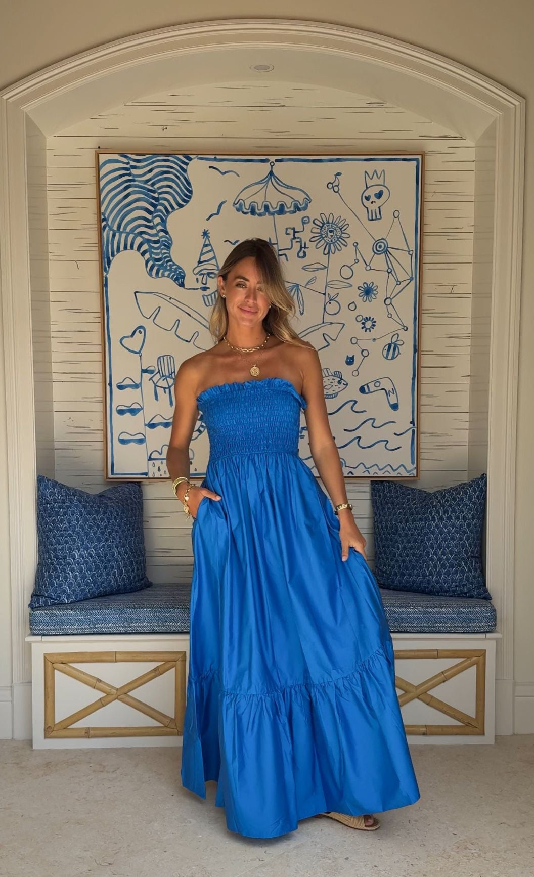 KASIA Cosmos Strapless Smocked Maxi Dress Blue