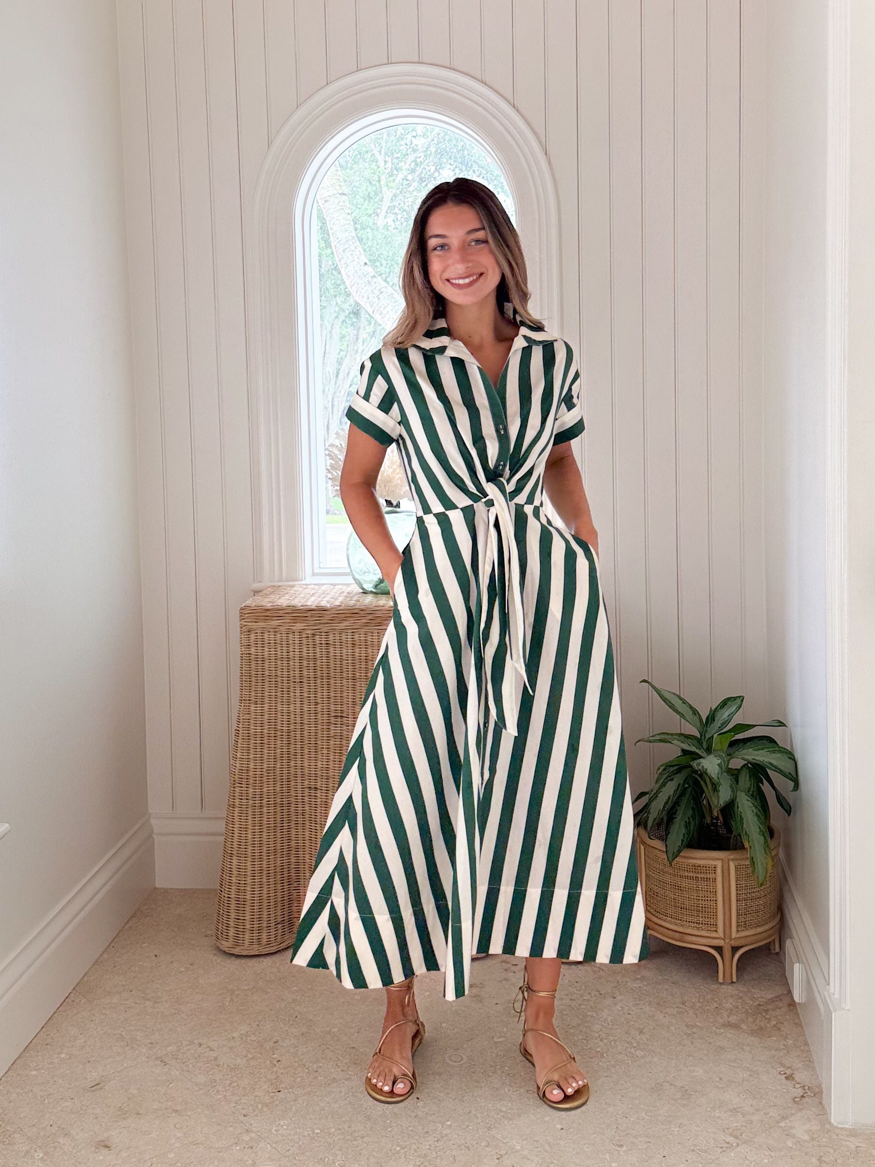 green white striped shirt dress Green Striped Button Up Midi Dress | Women's Clothing