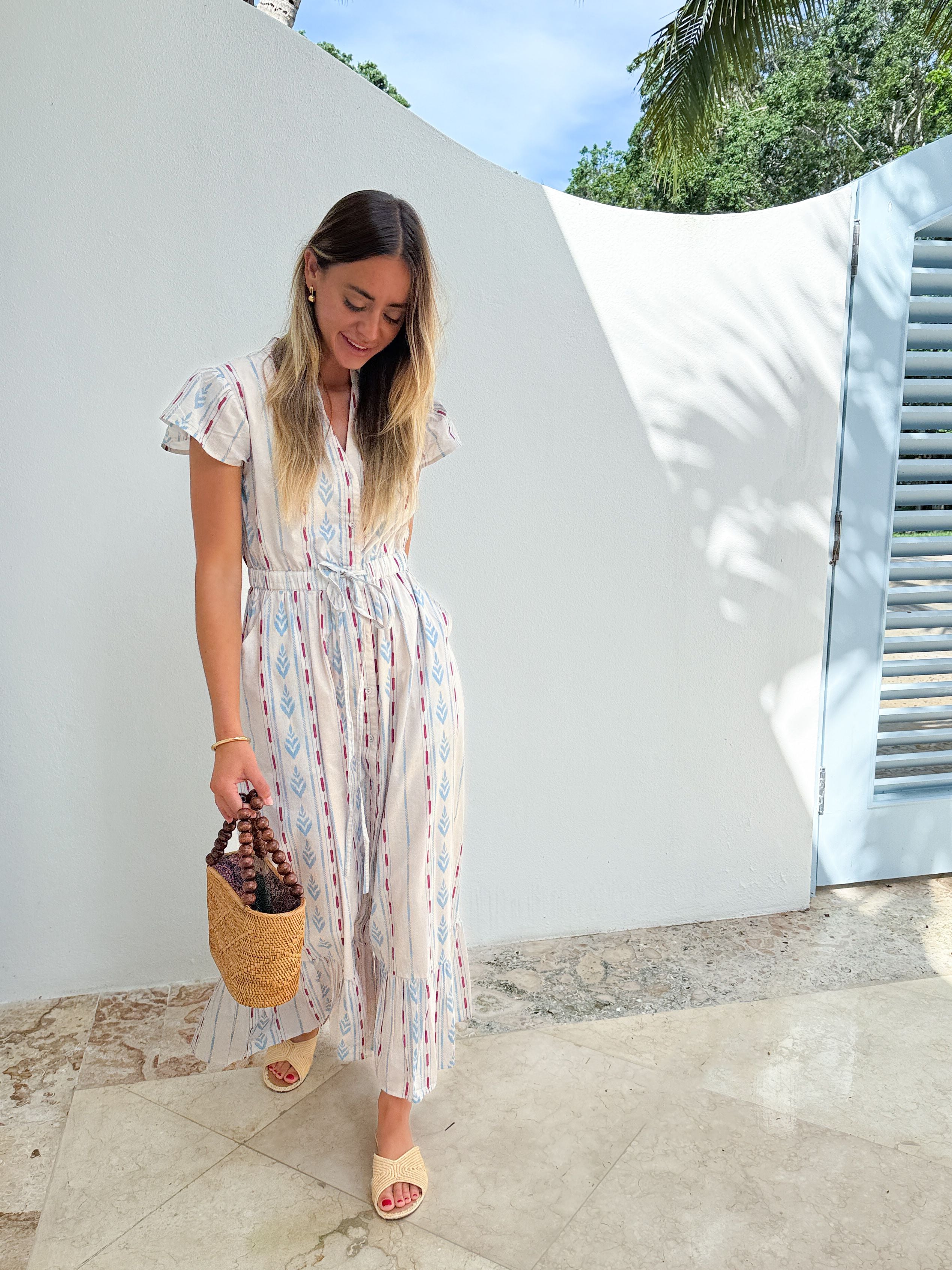 BEAU & RO Flutter Midi Dress Ikat Stripe Ivory
