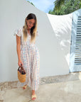BEAU & RO Flutter Midi Dress Ikat Stripe Ivory