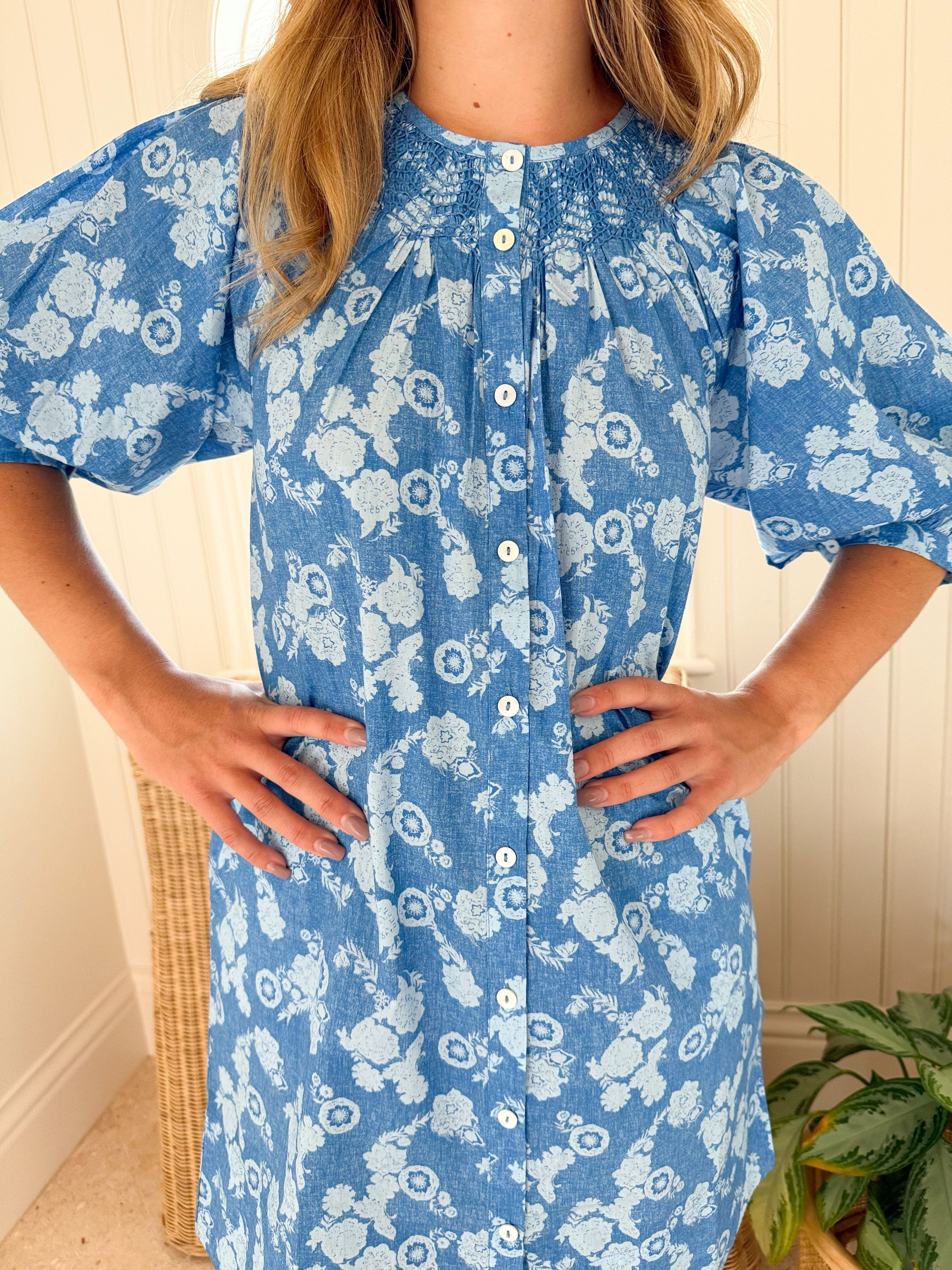 OLIPHANT Embroidered Button Mini Dress Pretoria Navy