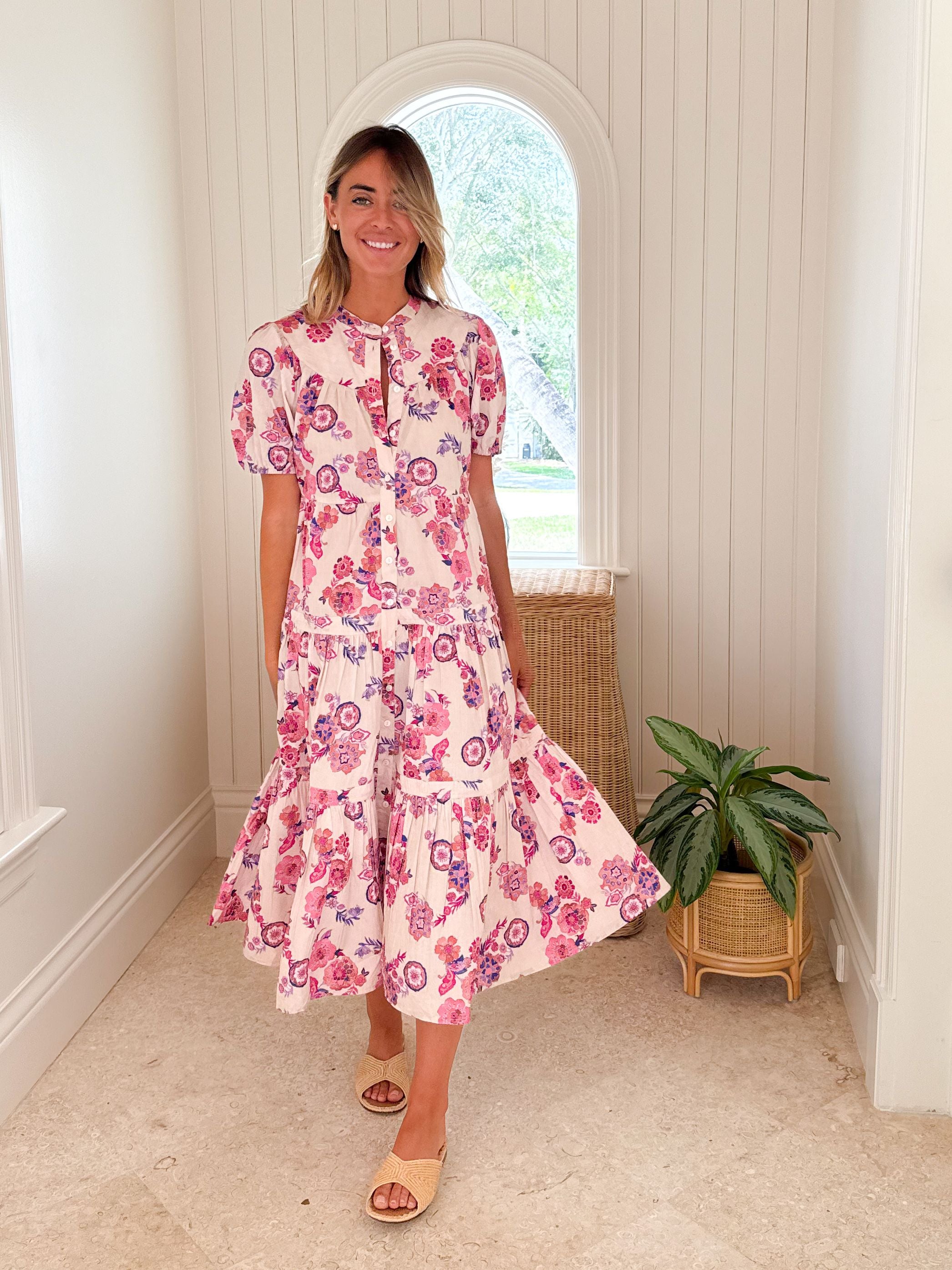 OLIPHANT Scooped Tiered Midi Dress Pretoria Pink