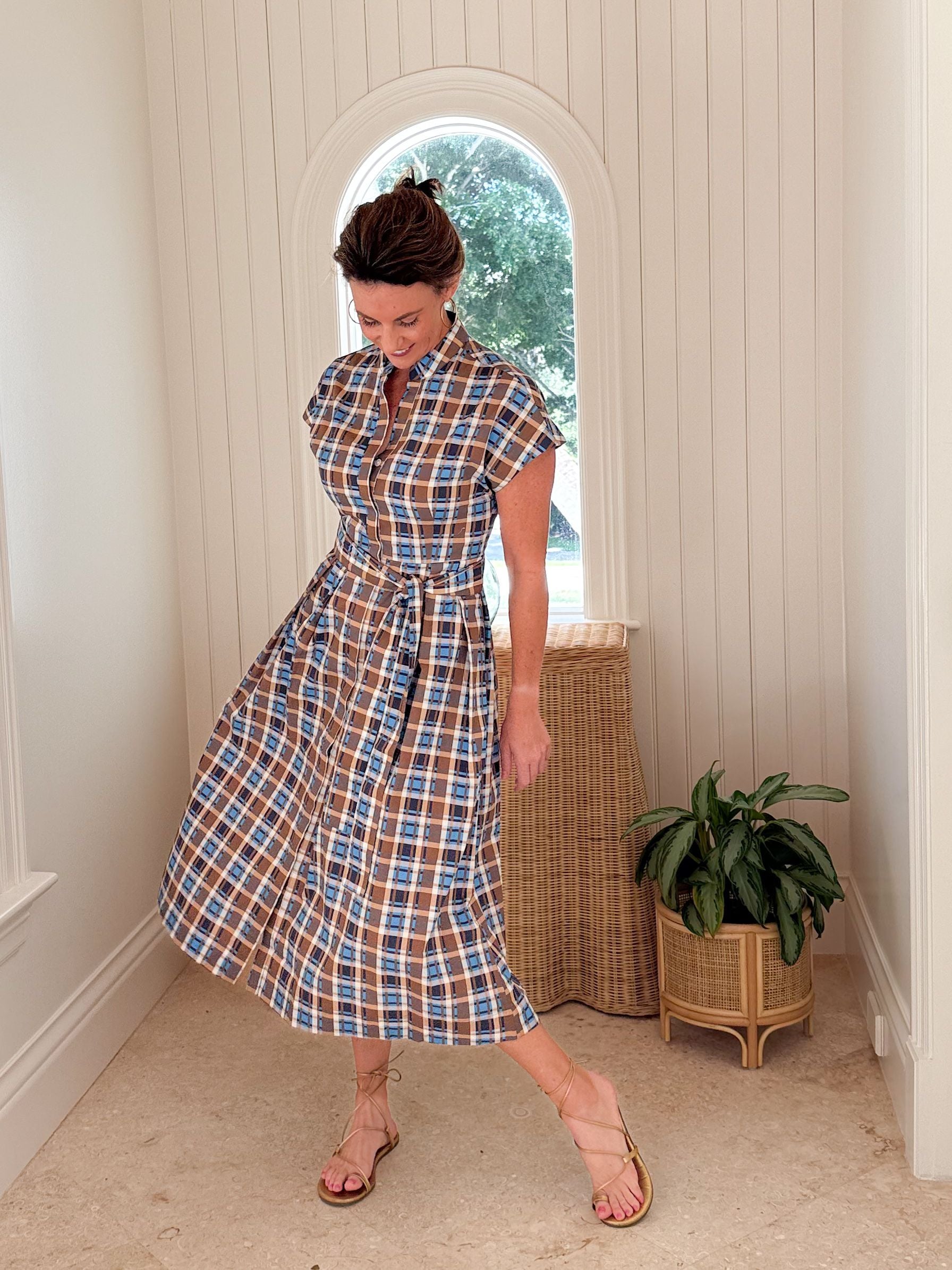 brown and white plaid dress NAVYBLEU Winnie Long size 2/4 and wearing Size:2-4 year recently_added_2026-06-10 Boho Maxi Wrap Dress