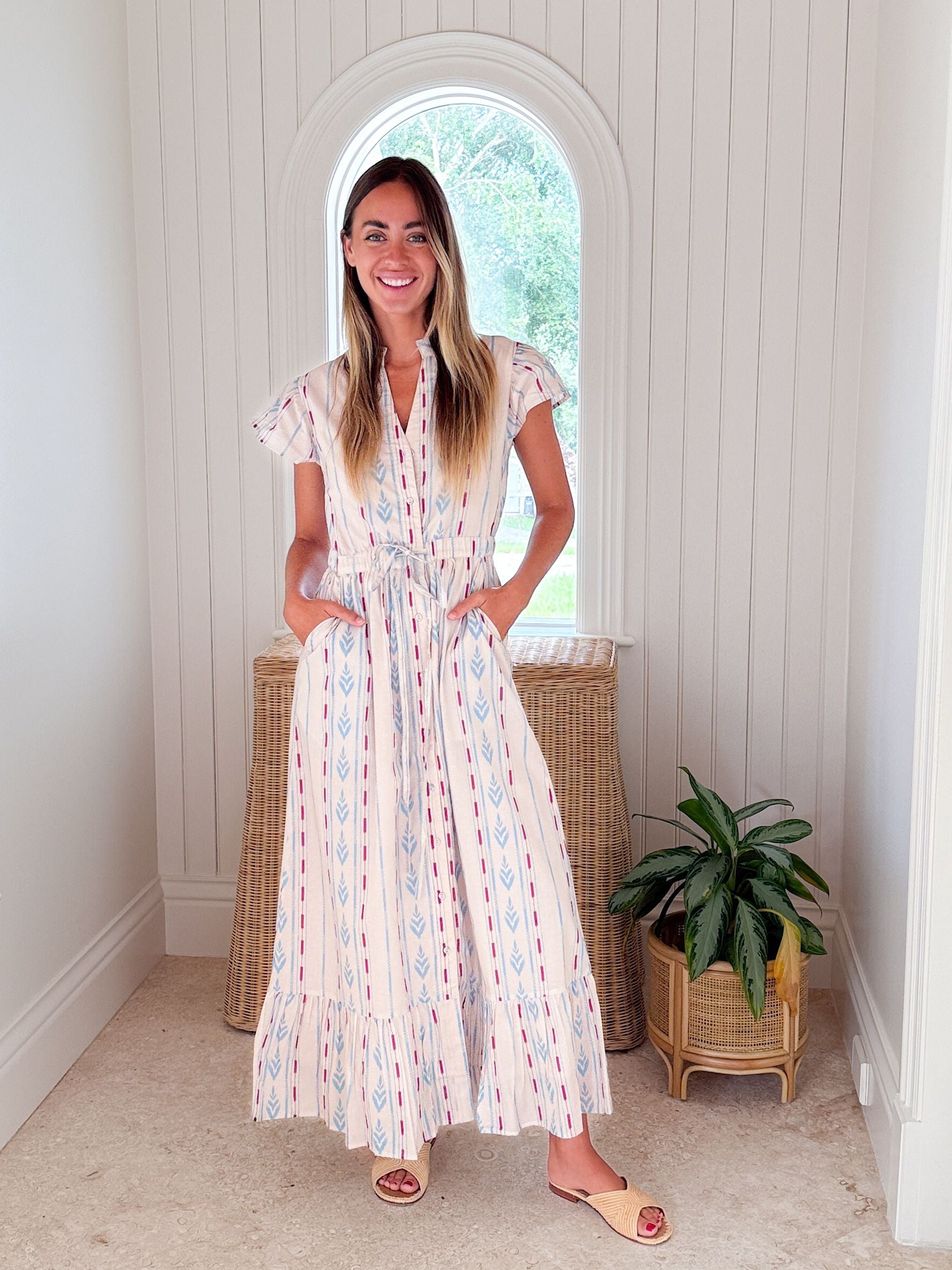 BEAU & RO Flutter Midi Dress Ikat Stripe Ivory