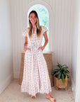 BEAU & RO Flutter Midi Dress Ikat Stripe Ivory