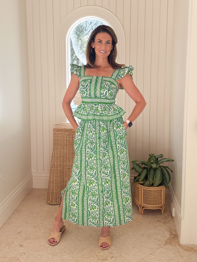 pink city prints green dress Verdant Botanics Immy Skirt back feel or cinch Size:US Size 14 Ally Long Sleeve Tiered special occassion