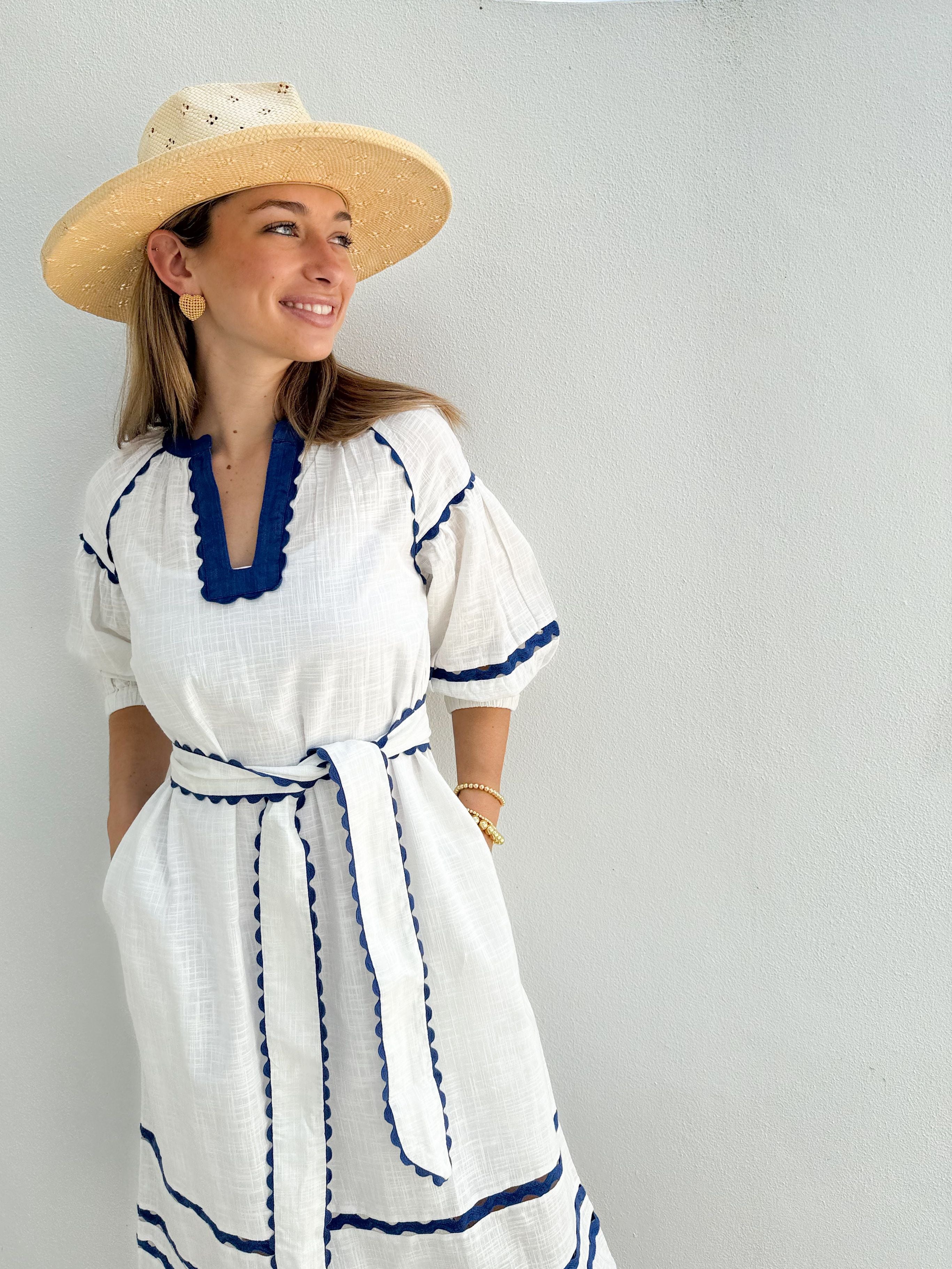 ROSE AND ROSE Fulham Dress White w/ Blue