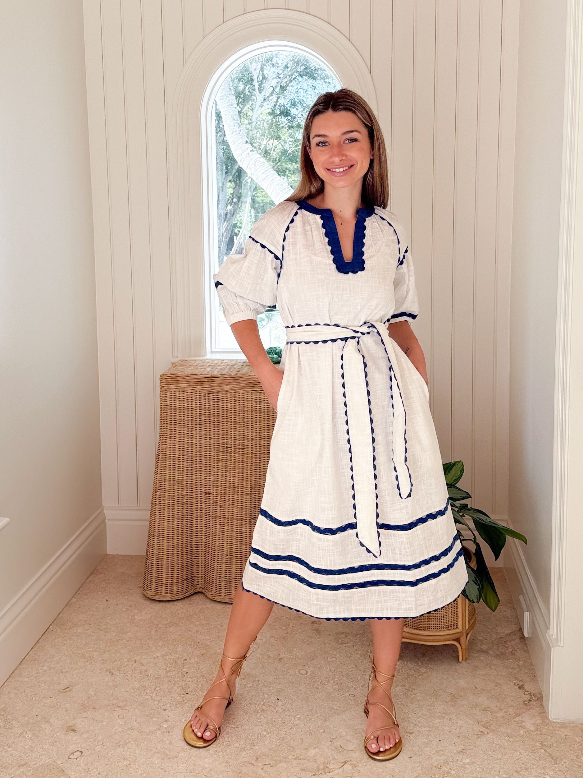 ROSE AND ROSE Fulham Dress White w/ Blue