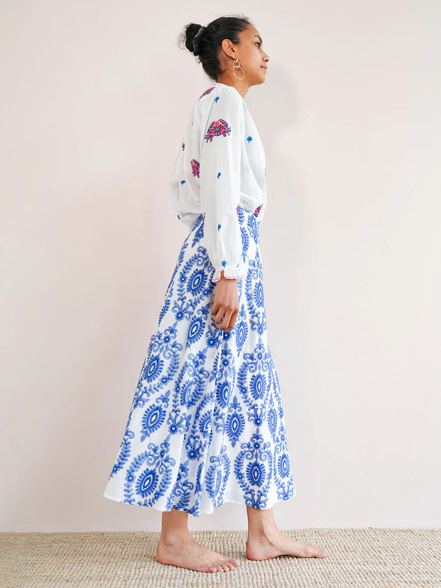 FINAL SALE NIMO WITH LOVE Lantana Skirt White Ornament Embroidery In Blue