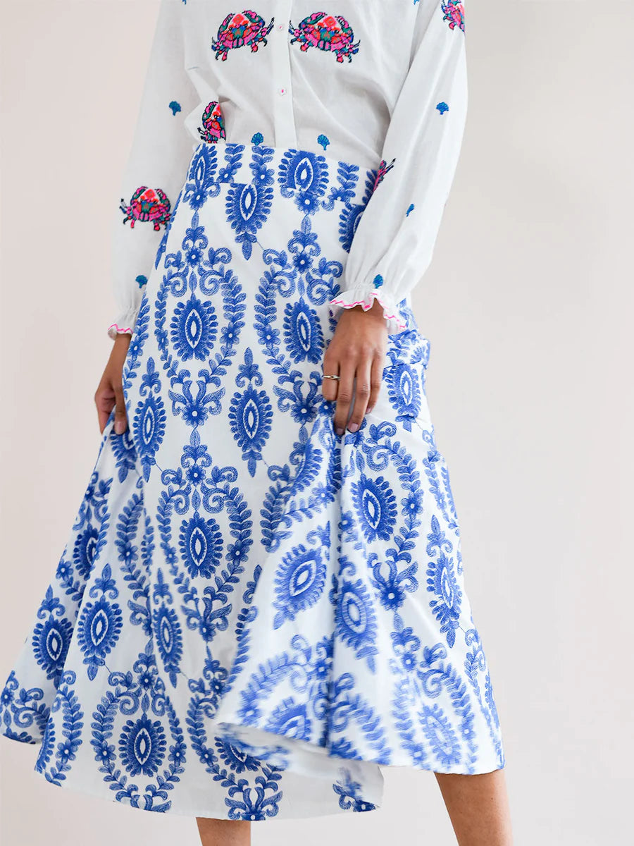 FINAL SALE NIMO WITH LOVE Lantana Skirt White Ornament Embroidery In Blue