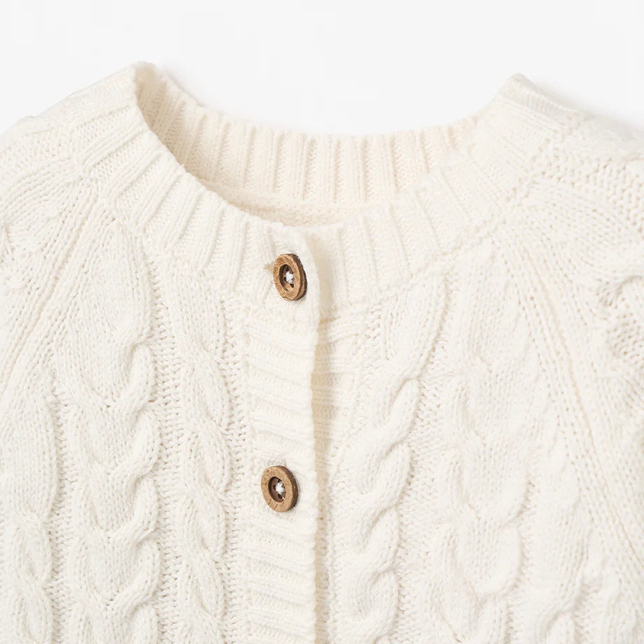 Horseshoe Cable Knit Baby Cardigan Whisper White