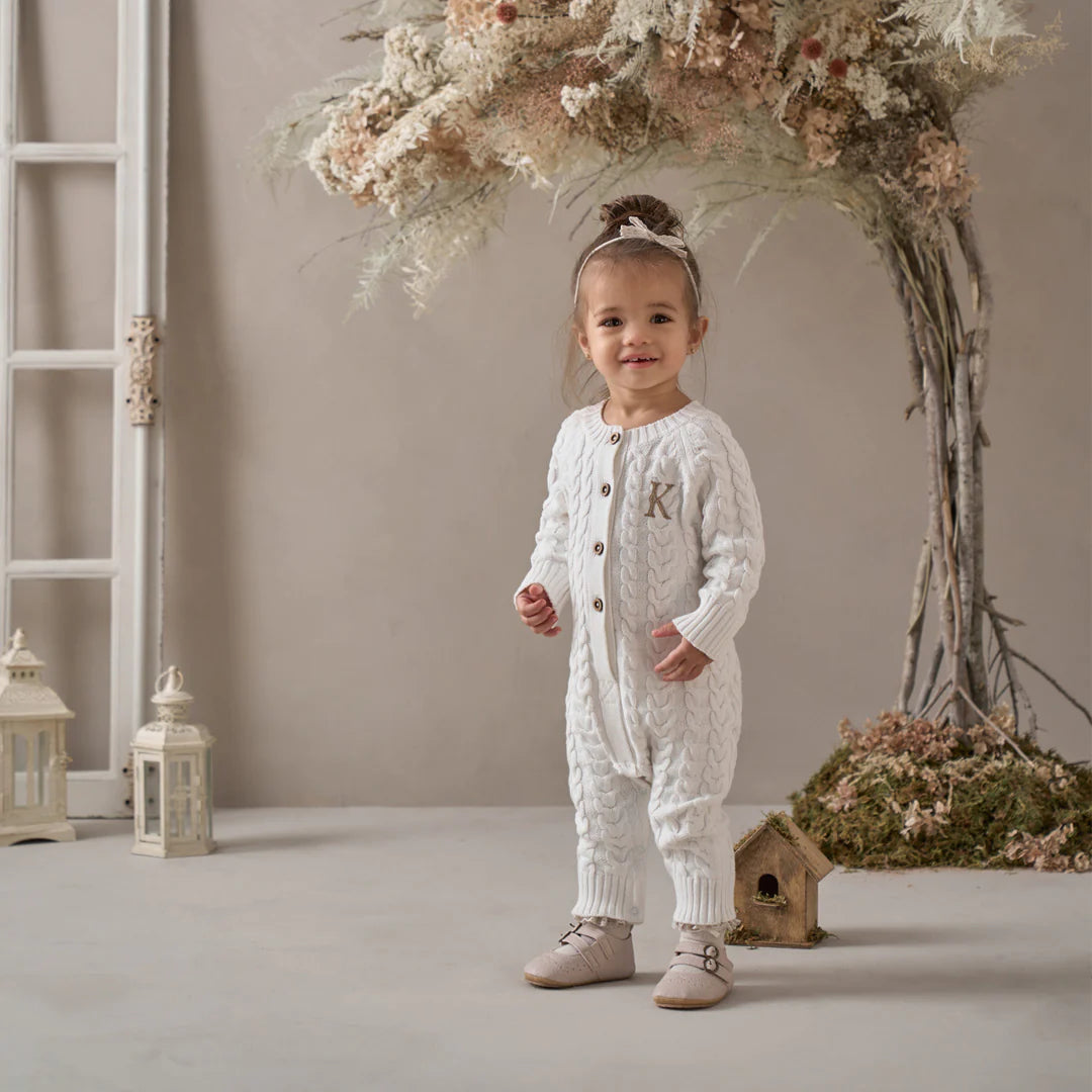 Horseshoe Knit Cable Knit Baby Jumpsuit Whisper White