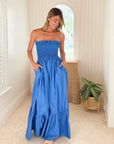 KASIA Cosmos Strapless Smocked Maxi Dress Blue