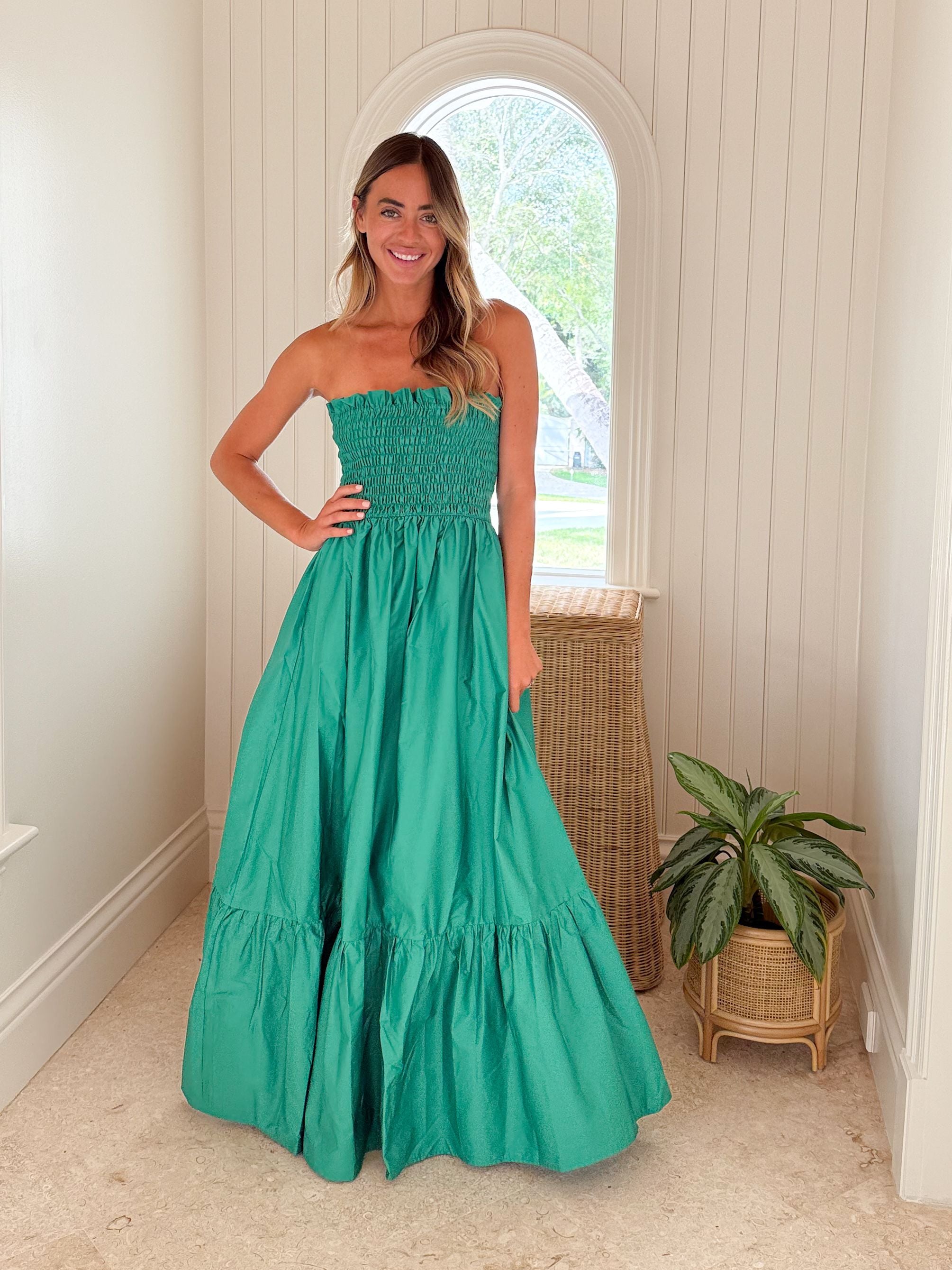 KASIA Cosmos Strapless Smocked Maxi Dress Green