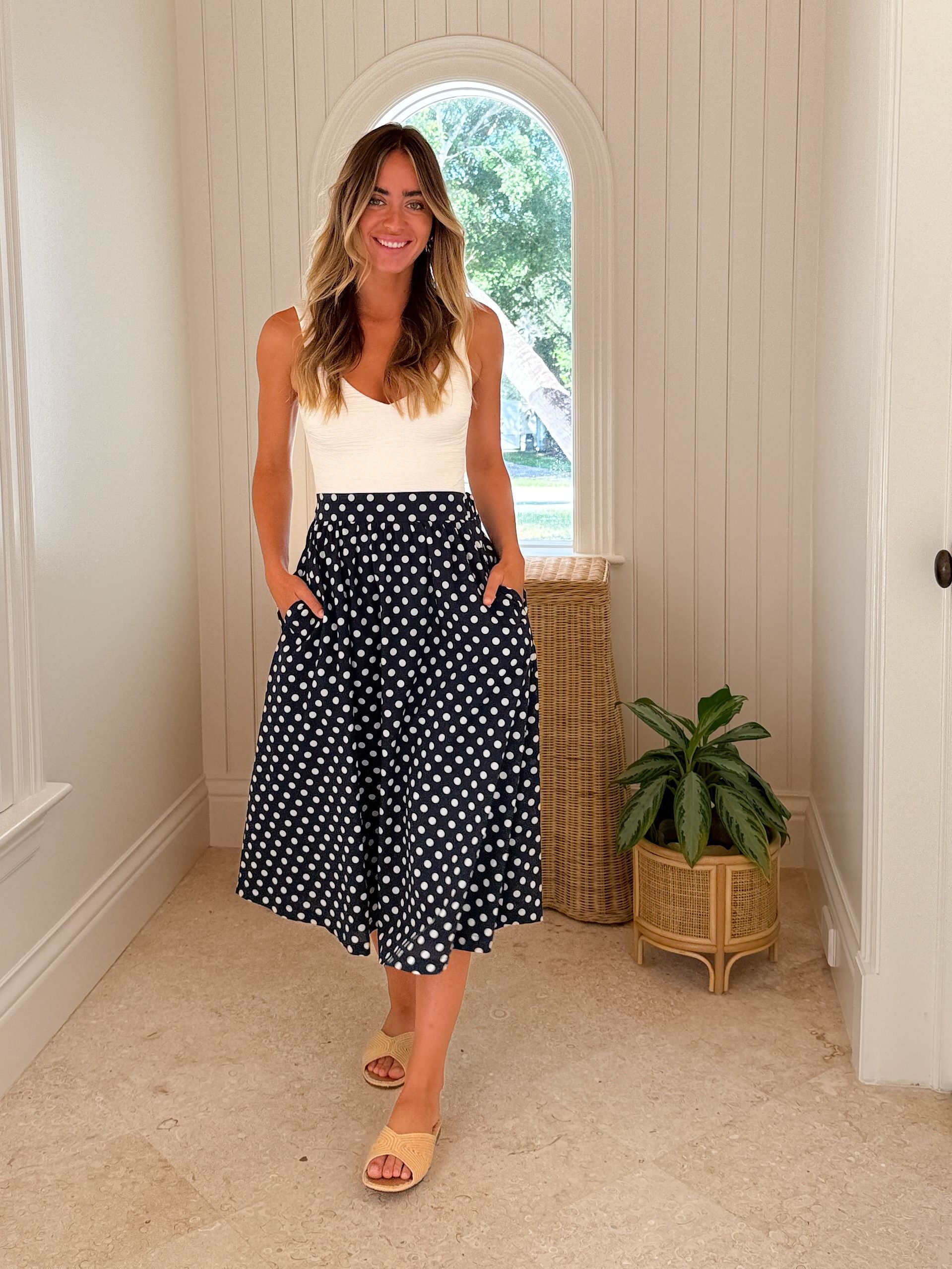 PROSPERINA Erica Midi Skirt Navy Polka Dot