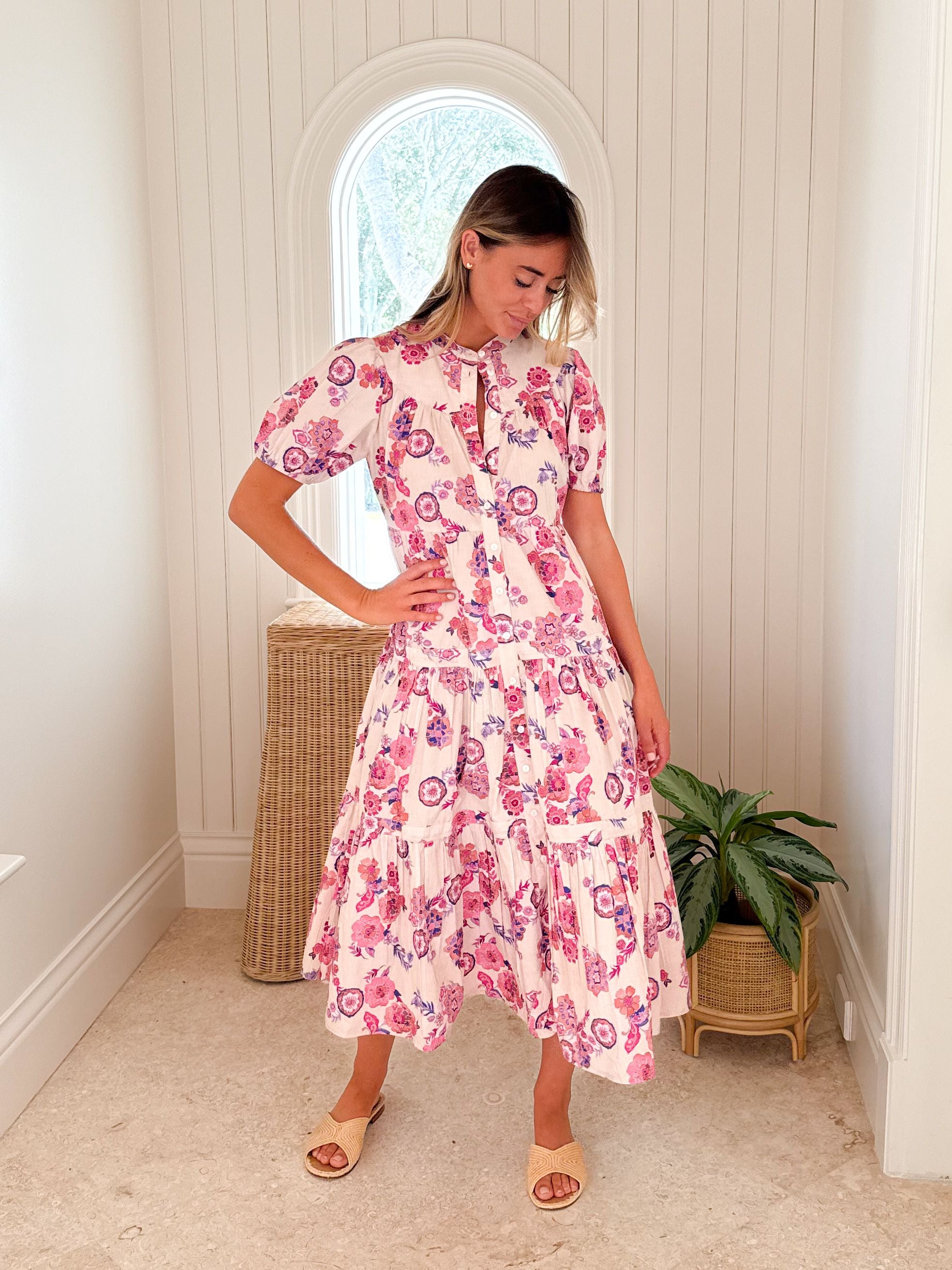 OLIPHANT Scooped Tiered Midi Dress Pretoria Pink