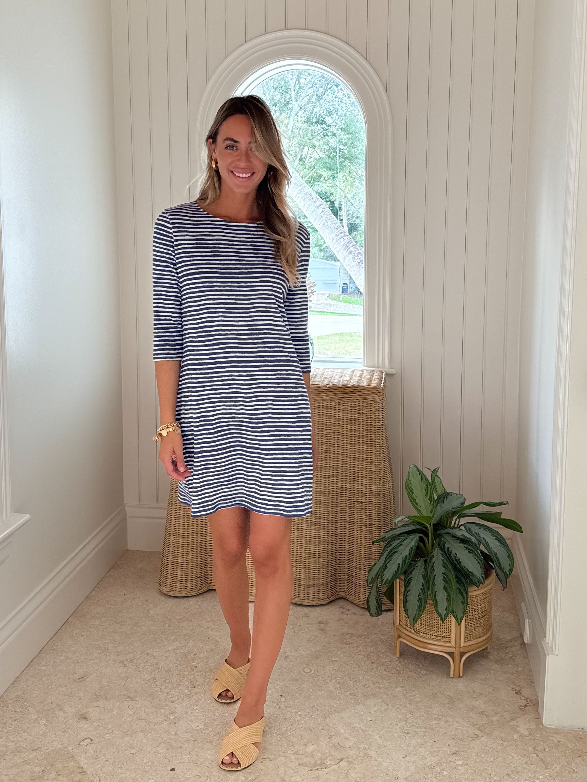 HIHO 3/4 Sleeve Dress Chalk Stripe/Skipper Blue