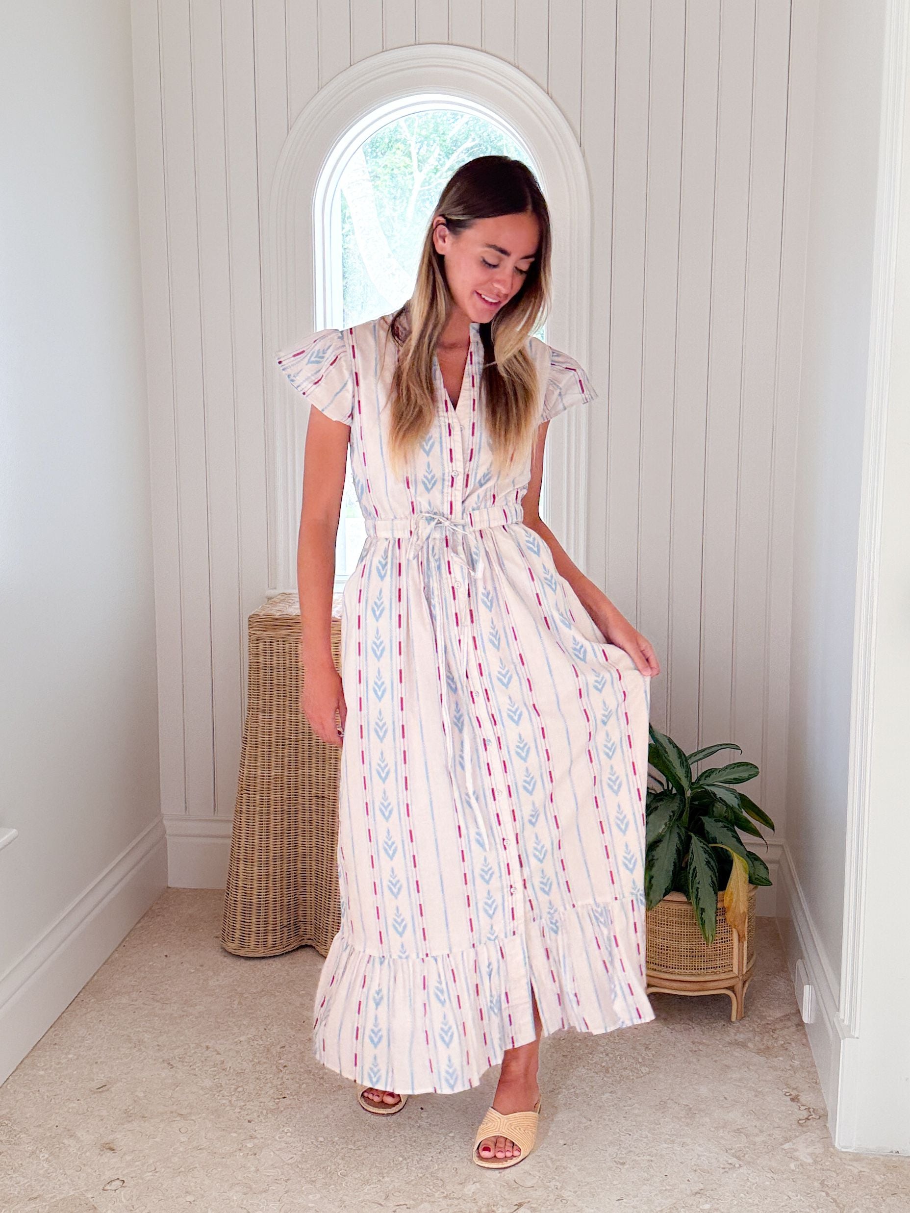 BEAU & RO Flutter Midi Dress Ikat Stripe Ivory
