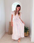 BEAU & RO Flutter Midi Dress Ikat Stripe Ivory