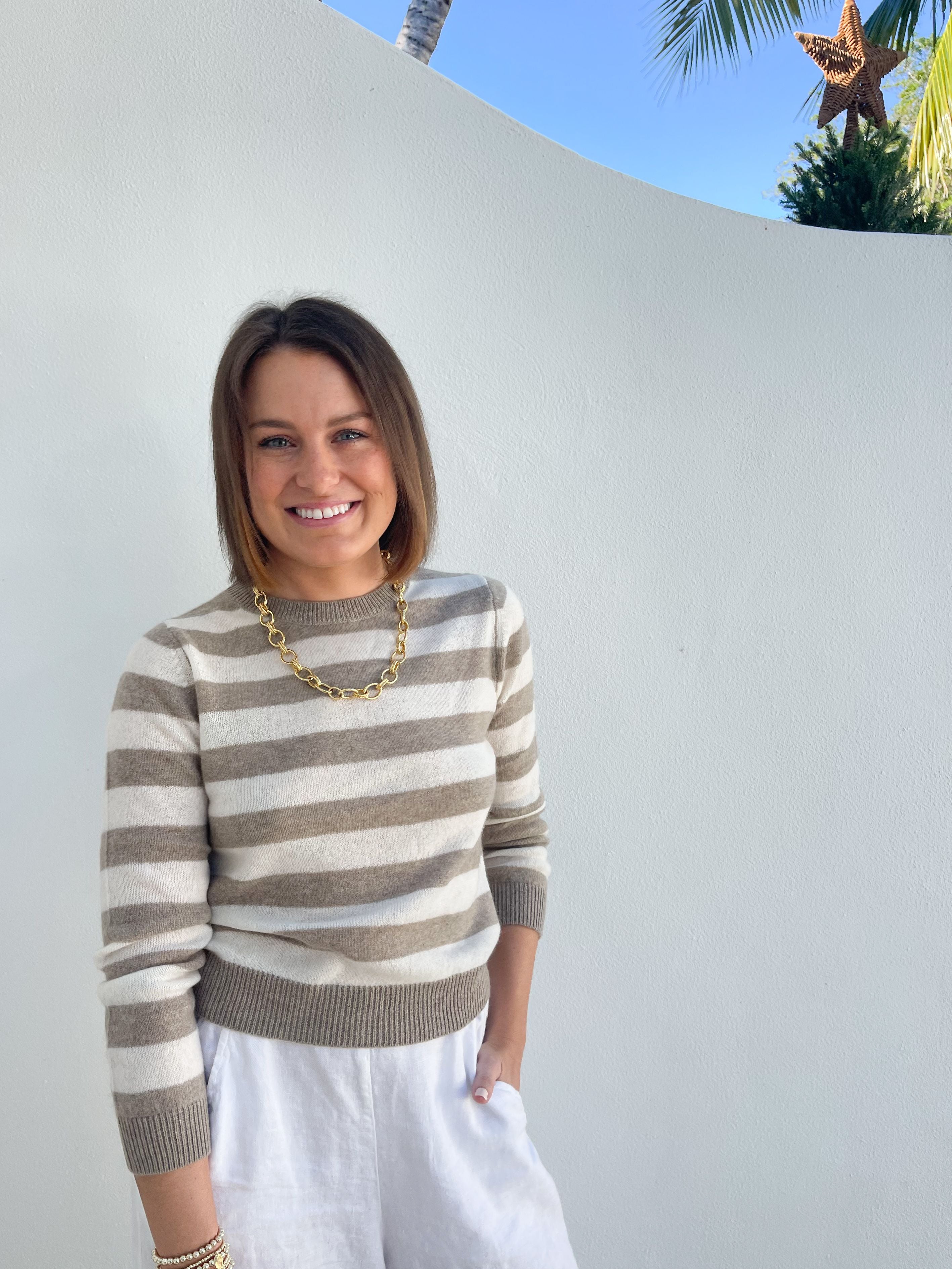 JUMPER 1234 Stripe Stripe Crew in Organic Light Brown and Cream