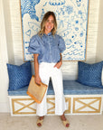 OLIPHANT Ruffle Front Button Blouse Devon Blue
