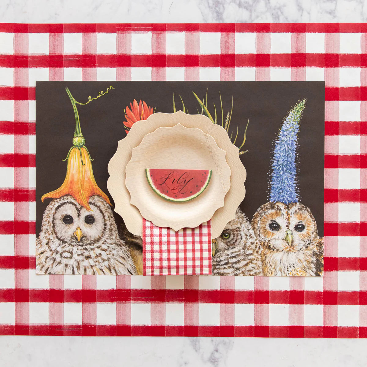Red Painted Check Guest Napkins Set/16