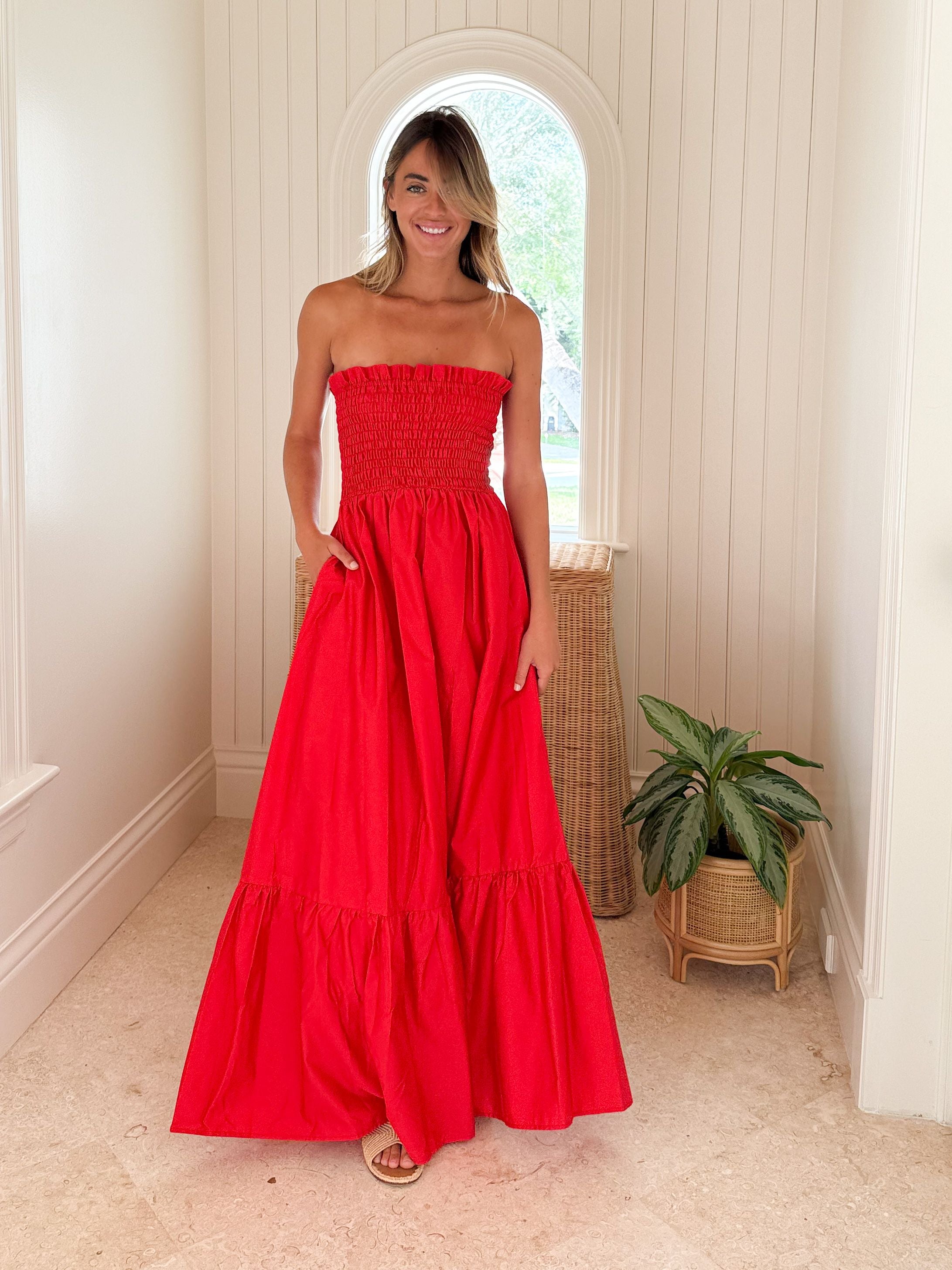 KASIA Cosmos Strapless Smocked Maxi Dress Red