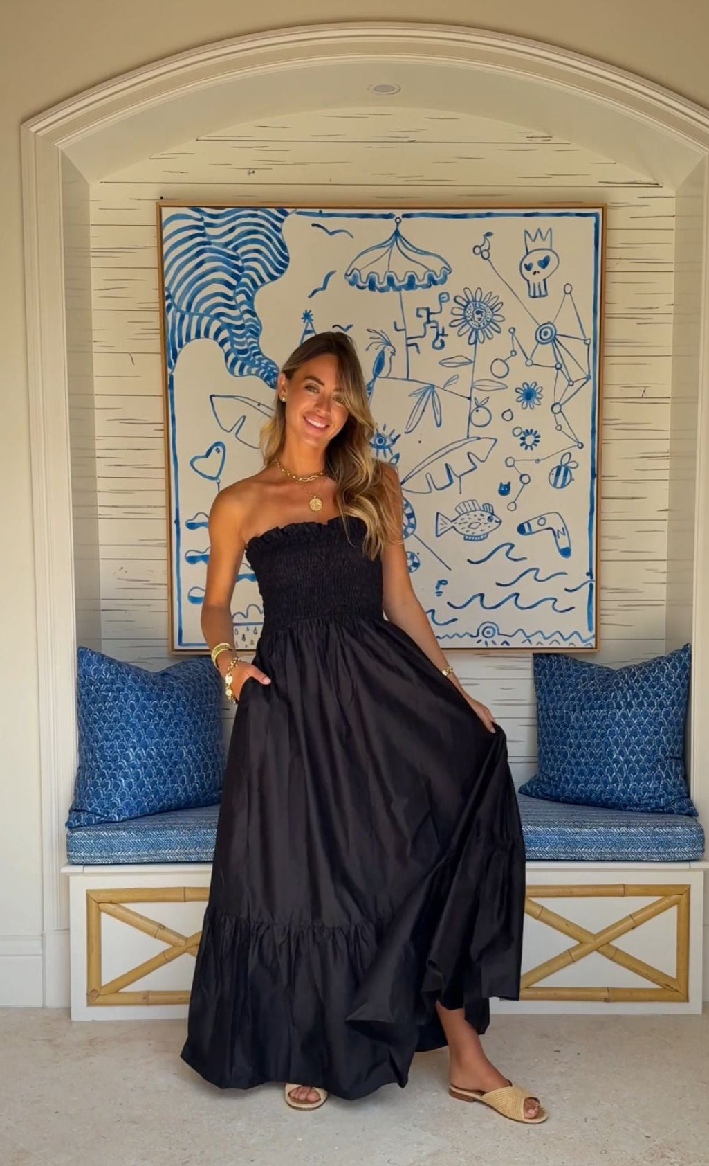 KASIA Cosmos Strapless Smocked Maxi Dress Black