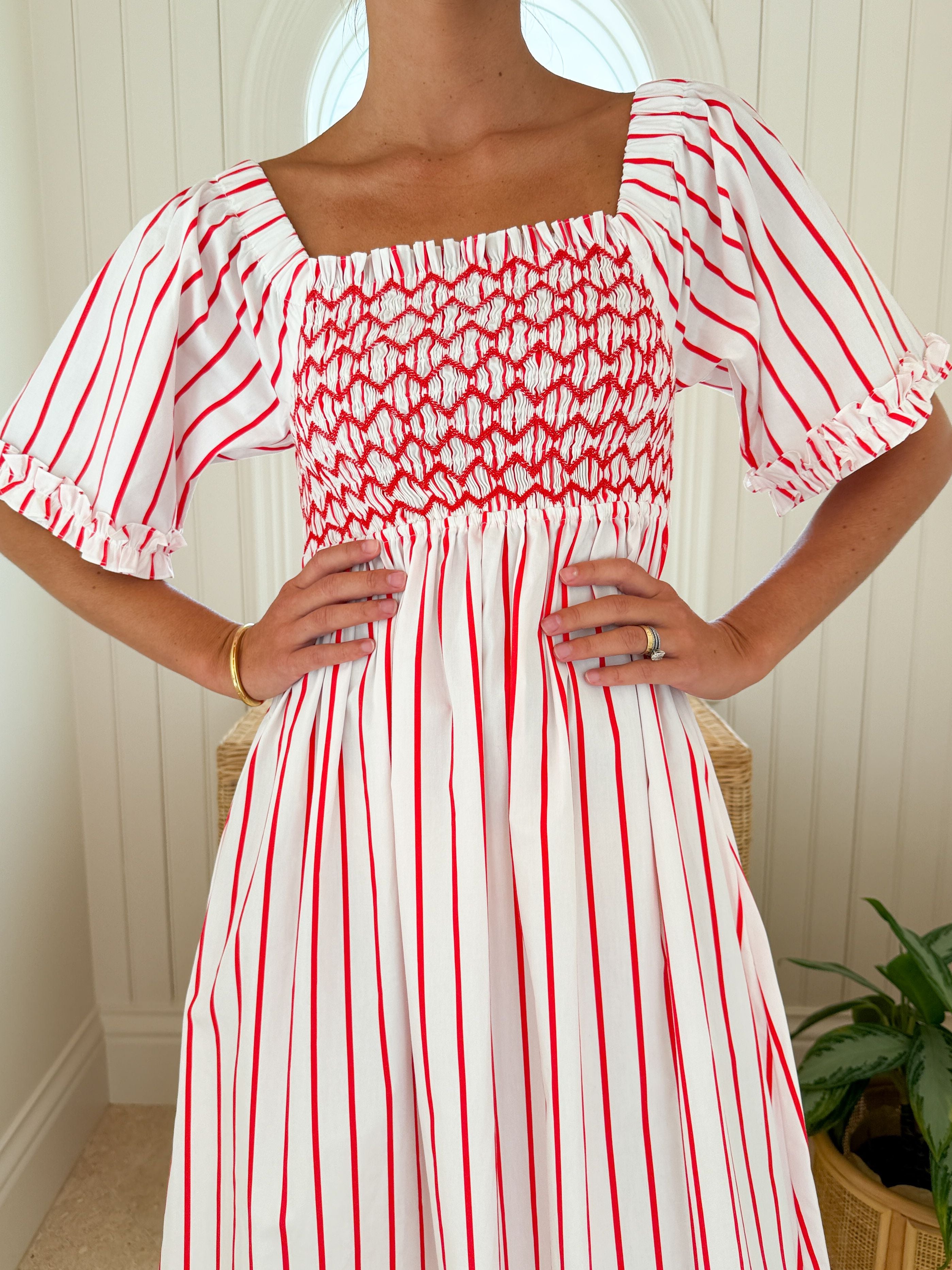 SMOCK LONDON Josefine Butler Dress Aquafresh Stripe w/ Big Apple