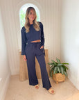 FINAL SALE LA PORTE High Waist Wide Leg Ruffle Sweatpant Navy