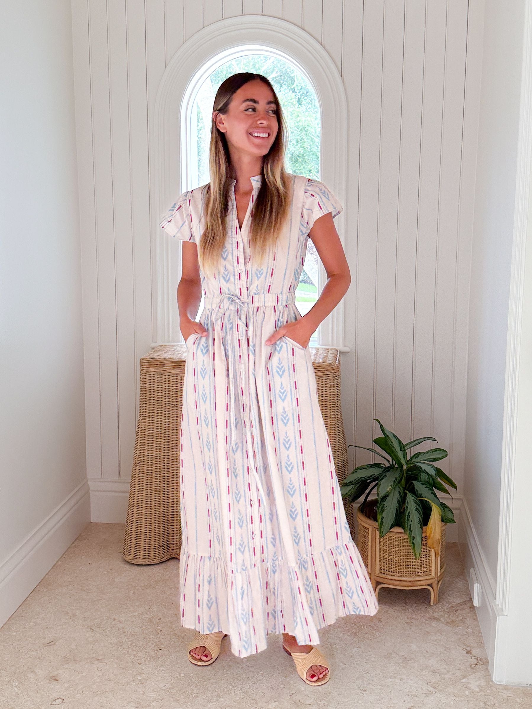 BEAU & RO Flutter Midi Dress Ikat Stripe Ivory
